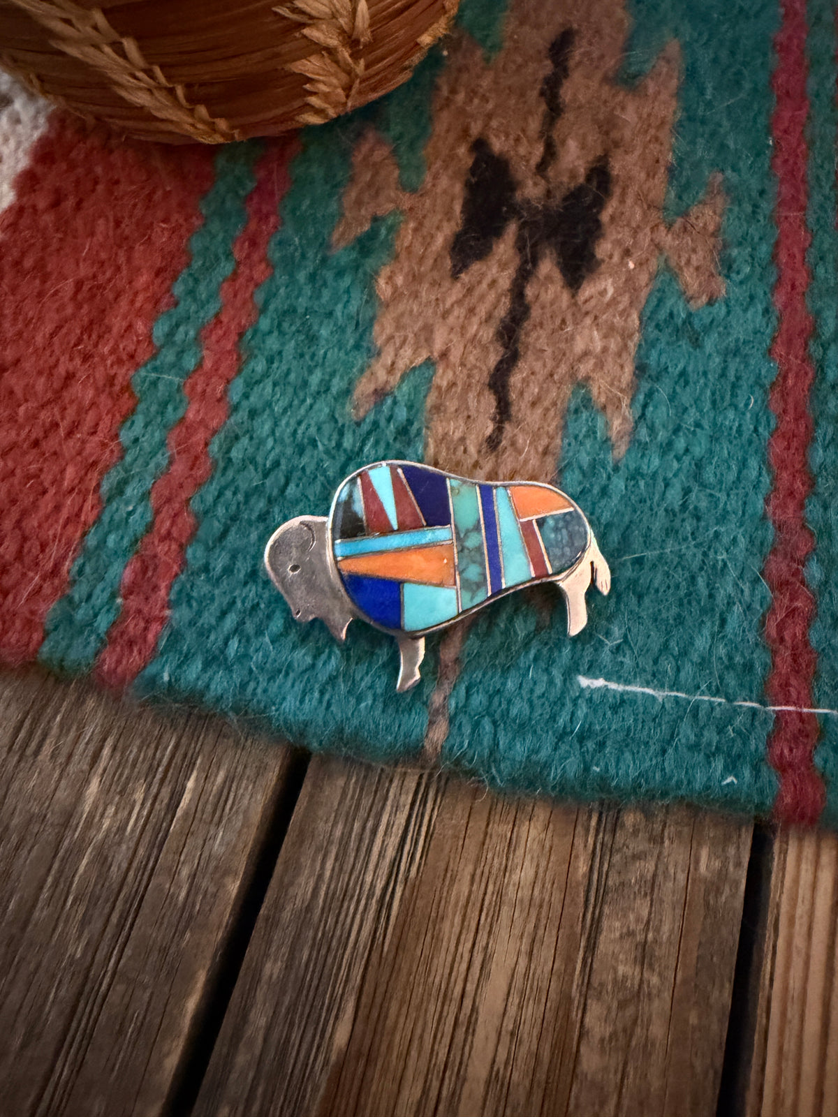 Old Pawn Handcrafted Multi Stone & Sterling Silver Inlay Buffalo Pendant/Brooch