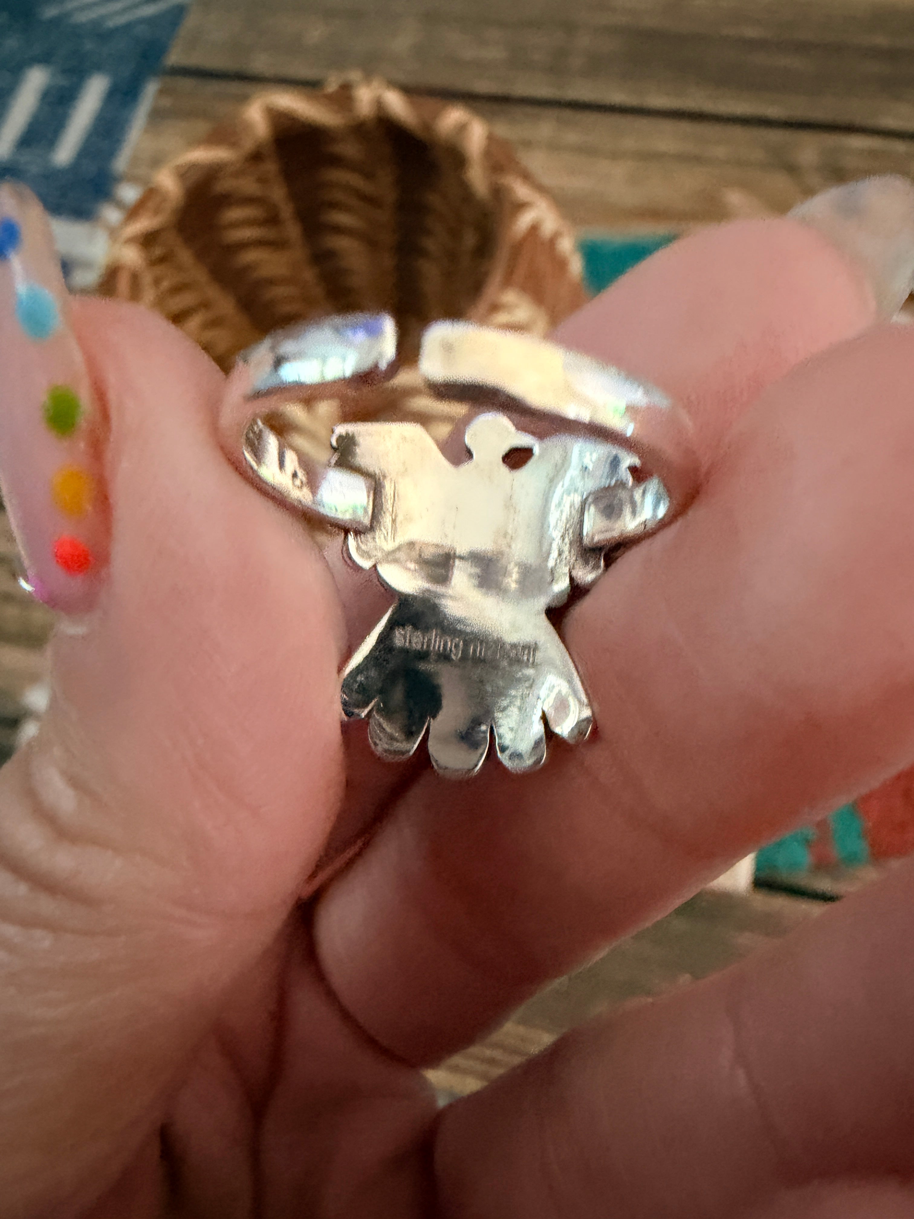 Handmade Sterling Silver and Coral Thunderbird Adjustable Ring "Signed Nizhoni"