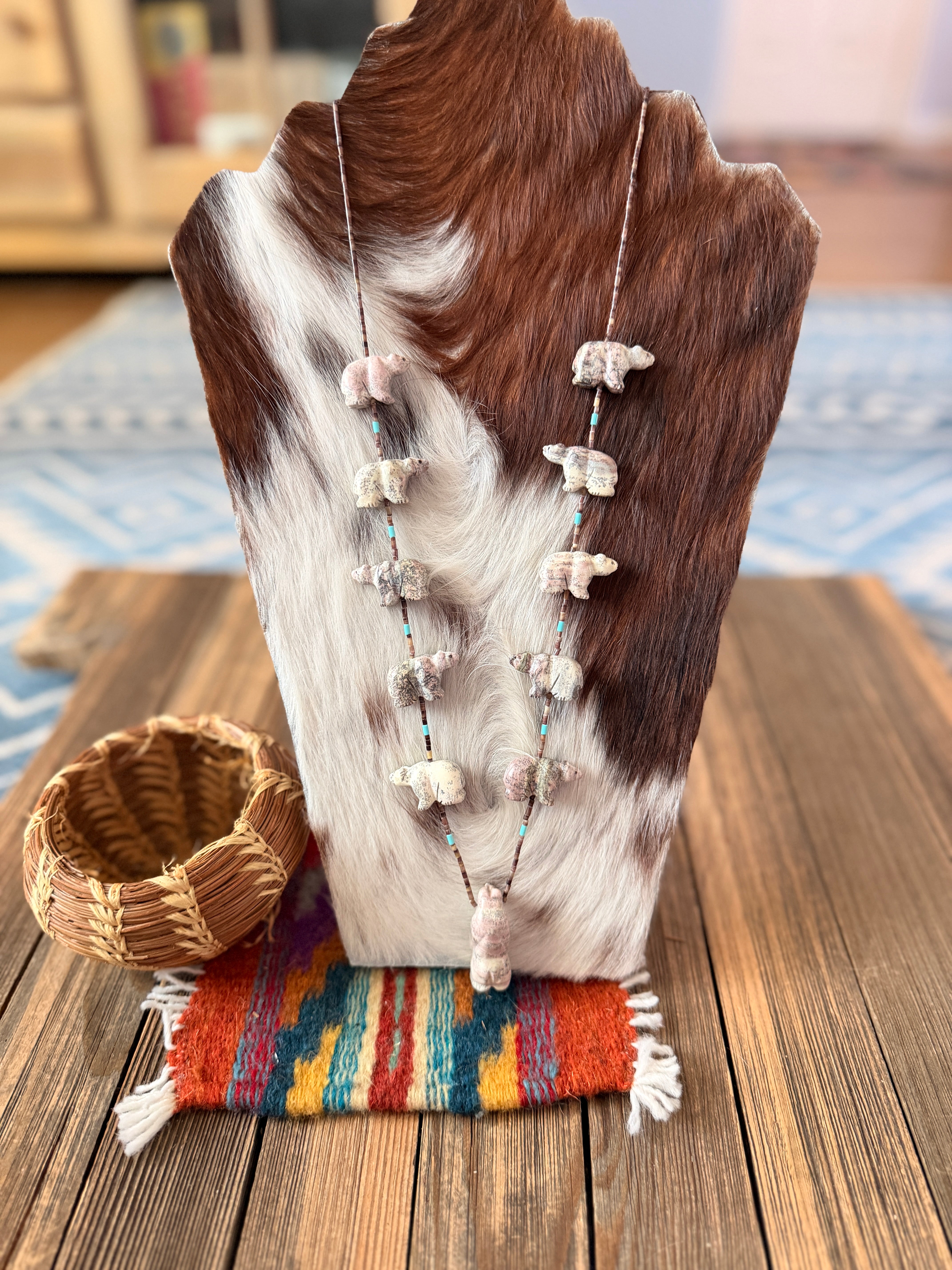 Handcrafted Sterling Silver & Beaded Fetish Bear Necklace 28" by Larry Cisco