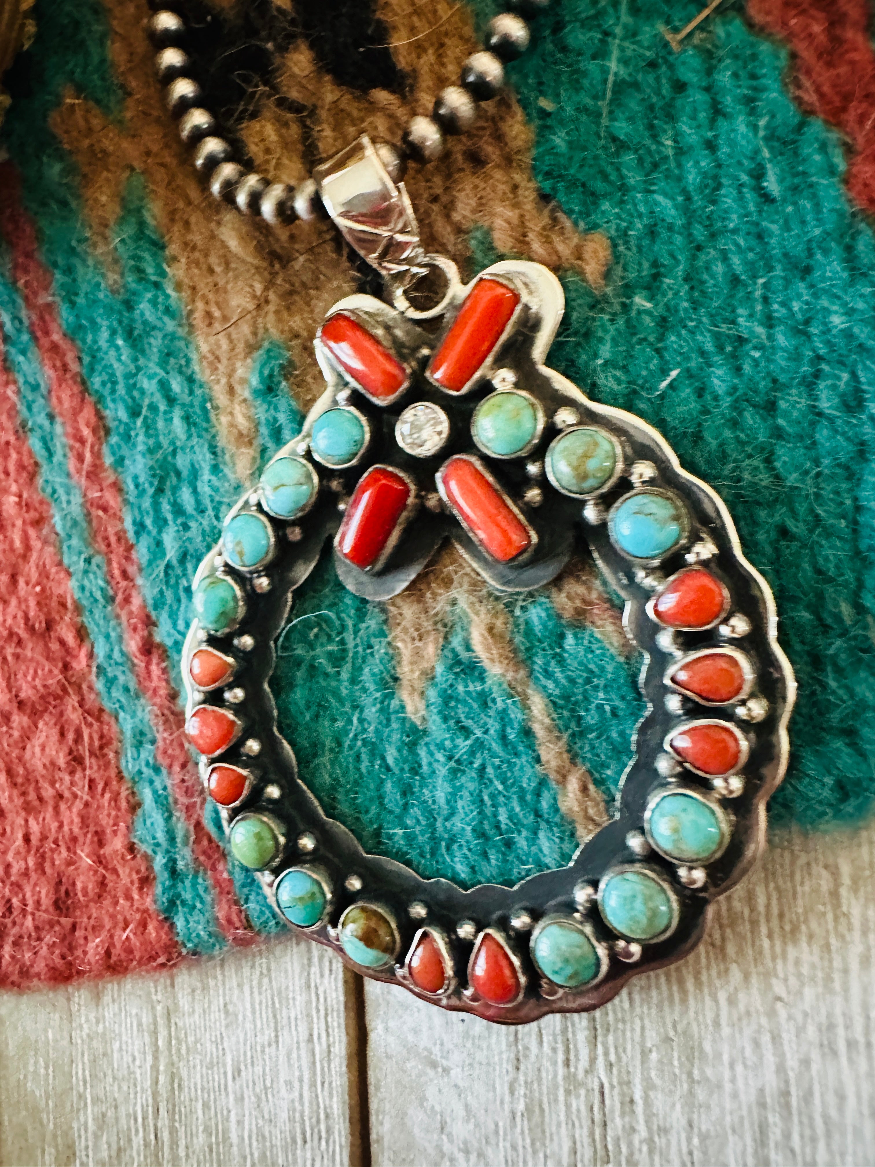 ** Christmas Collection ** Handmade Sterling Silver, Turquoise, Coral & CZ Wreath Pendant Signed Nizhoni