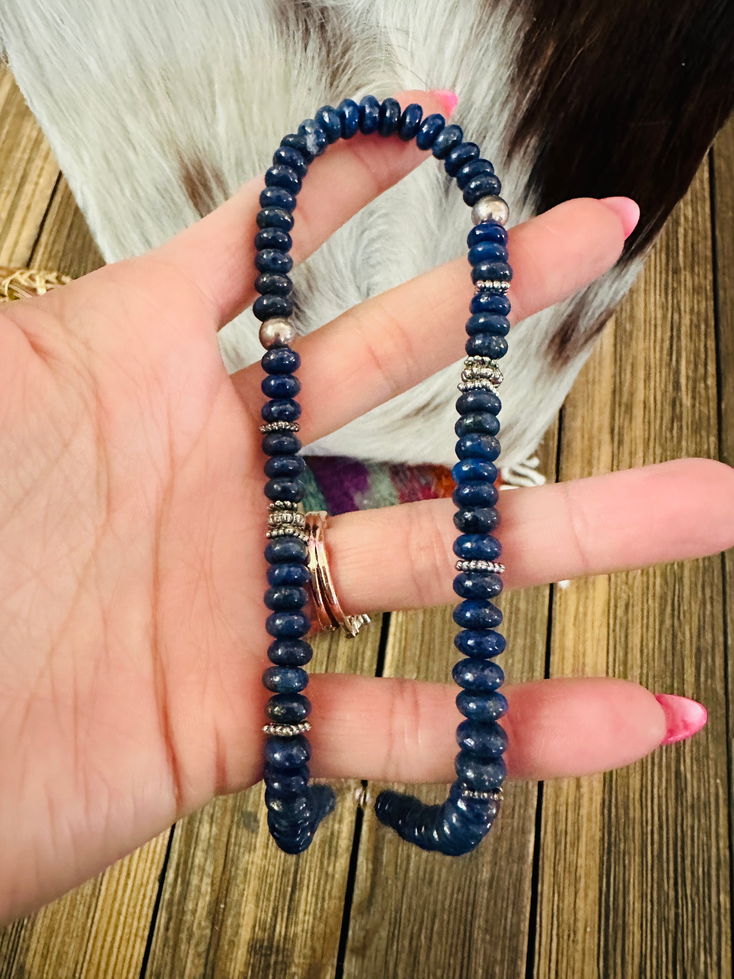 Handcrafted Lapis & Sterling Silver Beaded 16” Necklace by T & R Singer