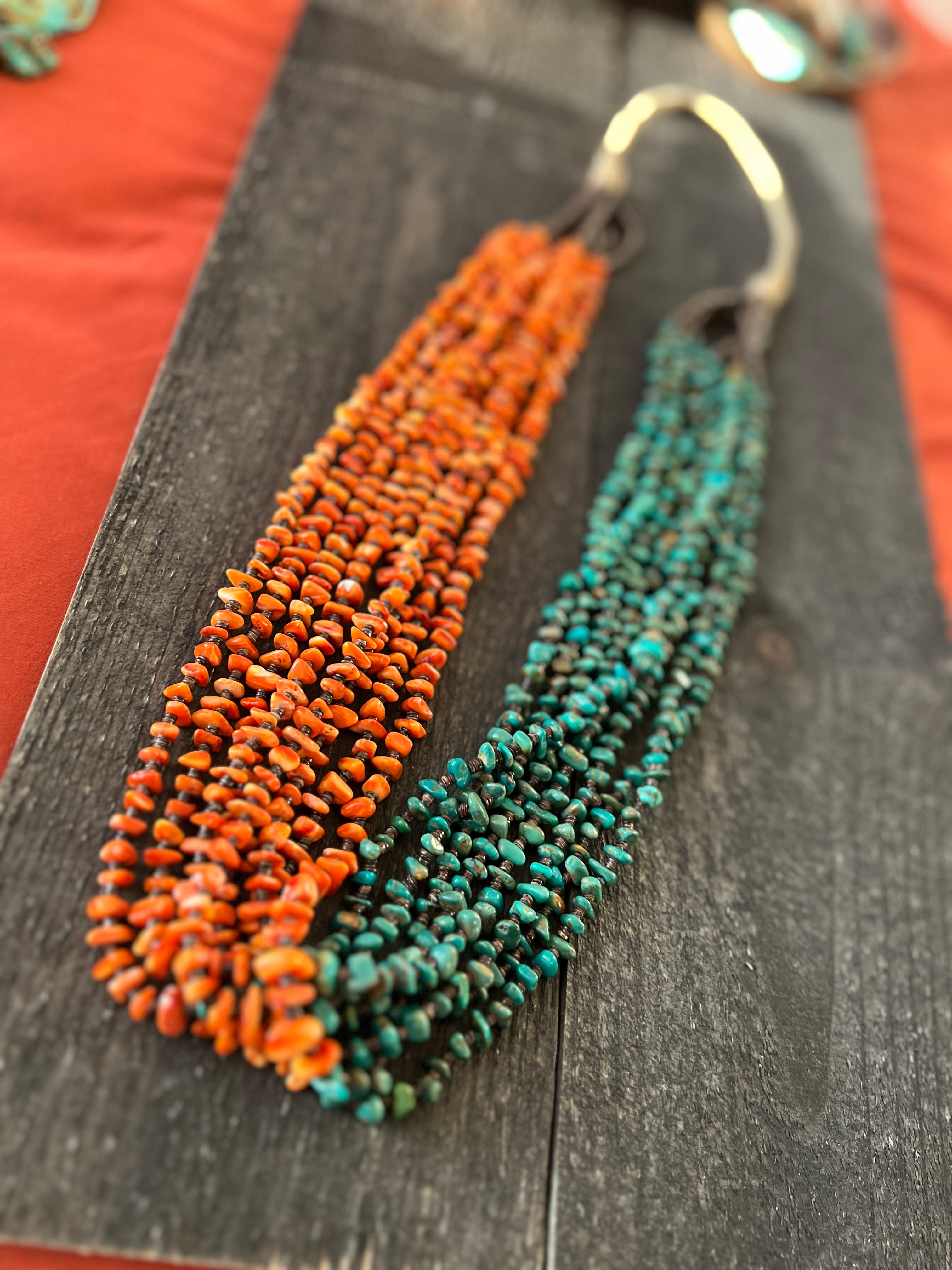 Handcrafted Eight Strand Spiny Oyster and Turquoise Beaded Squaw Wrap Necklace by Daniel Coriz