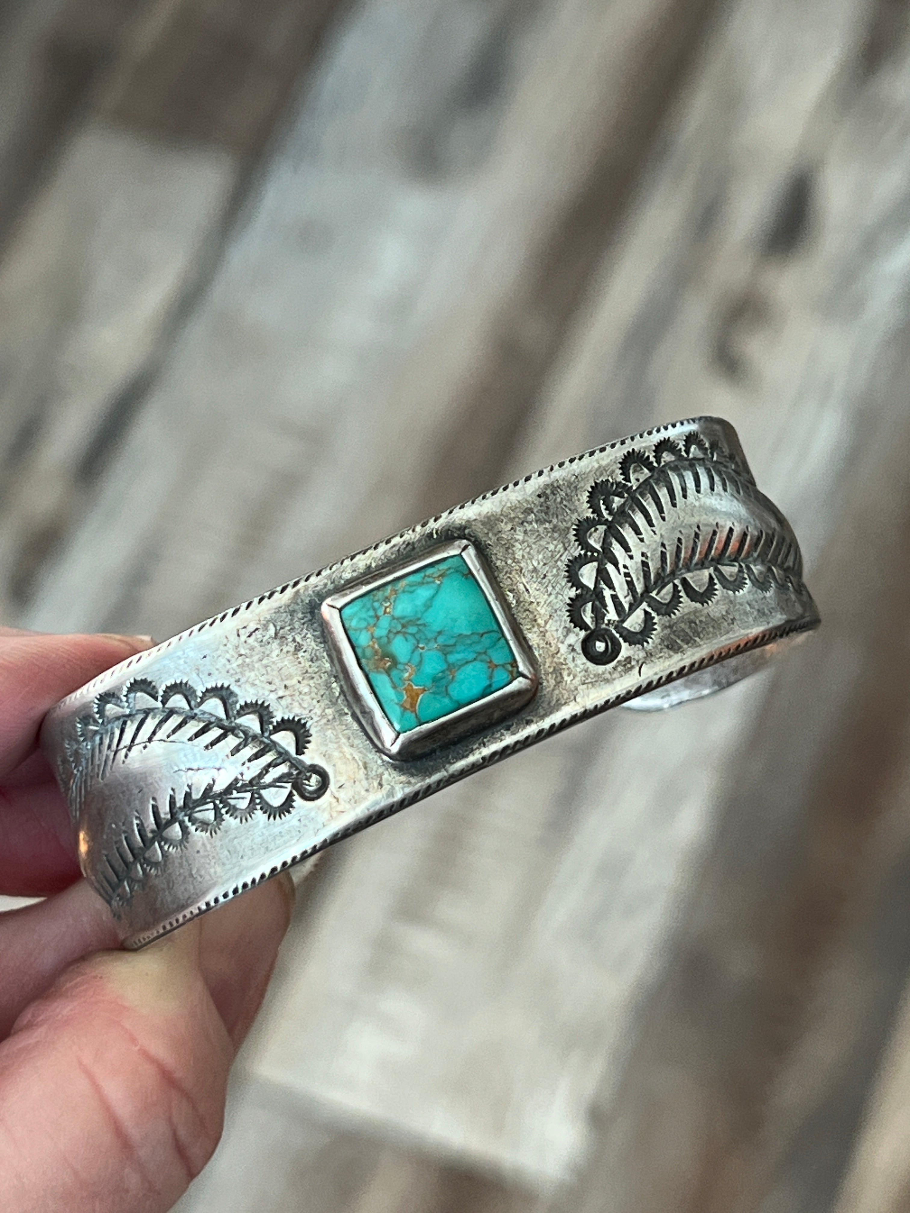 Hand Forged Old Pawn Sterling Silver & Turquoise Ingot Cuff Bracelet by Santa Fe Artist, Buffalo, The Zephyr