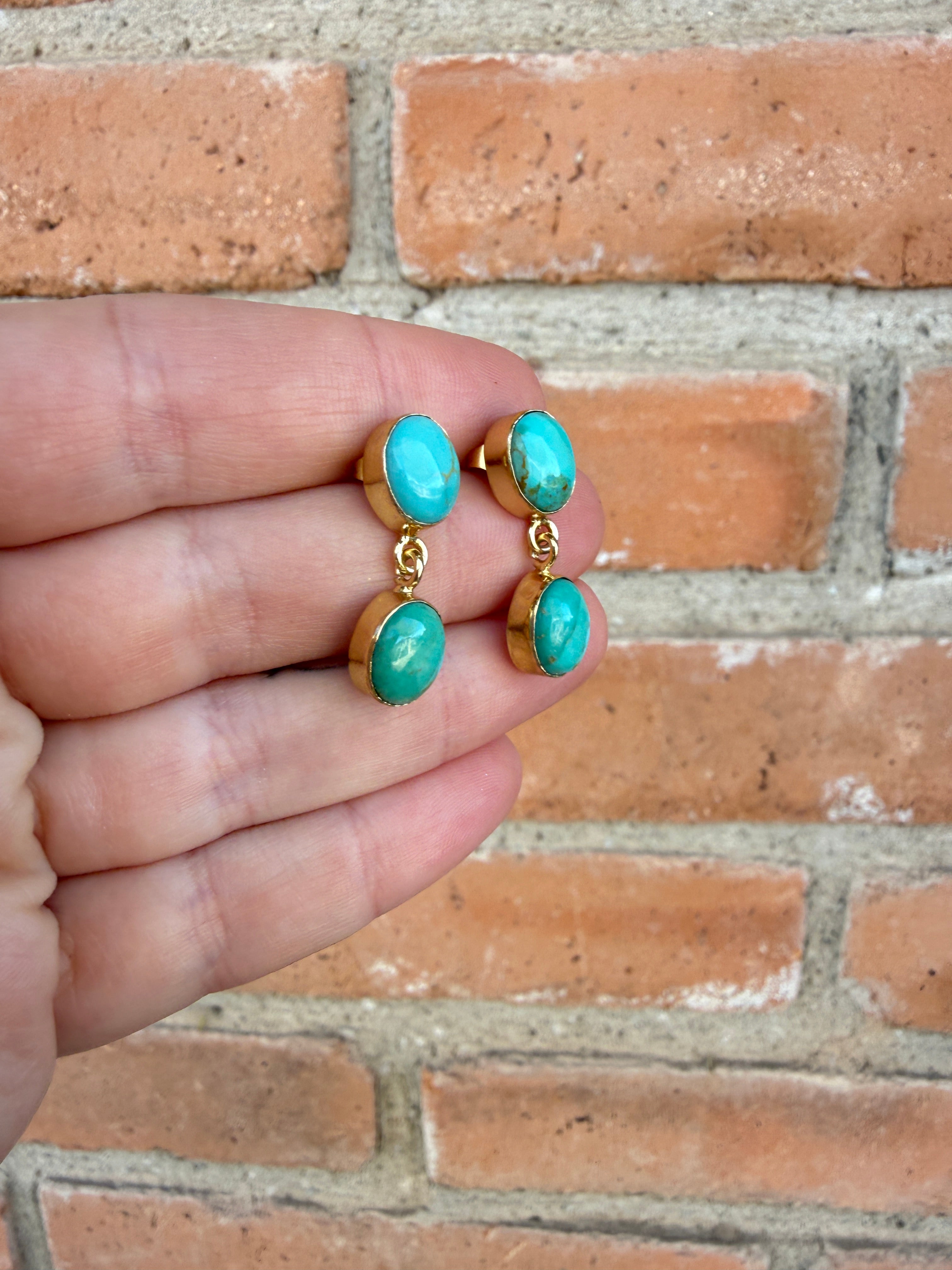 “The Golden Collection” Handmade Natural Gold Plated Kingman Turquoise Post Dangle Earrings