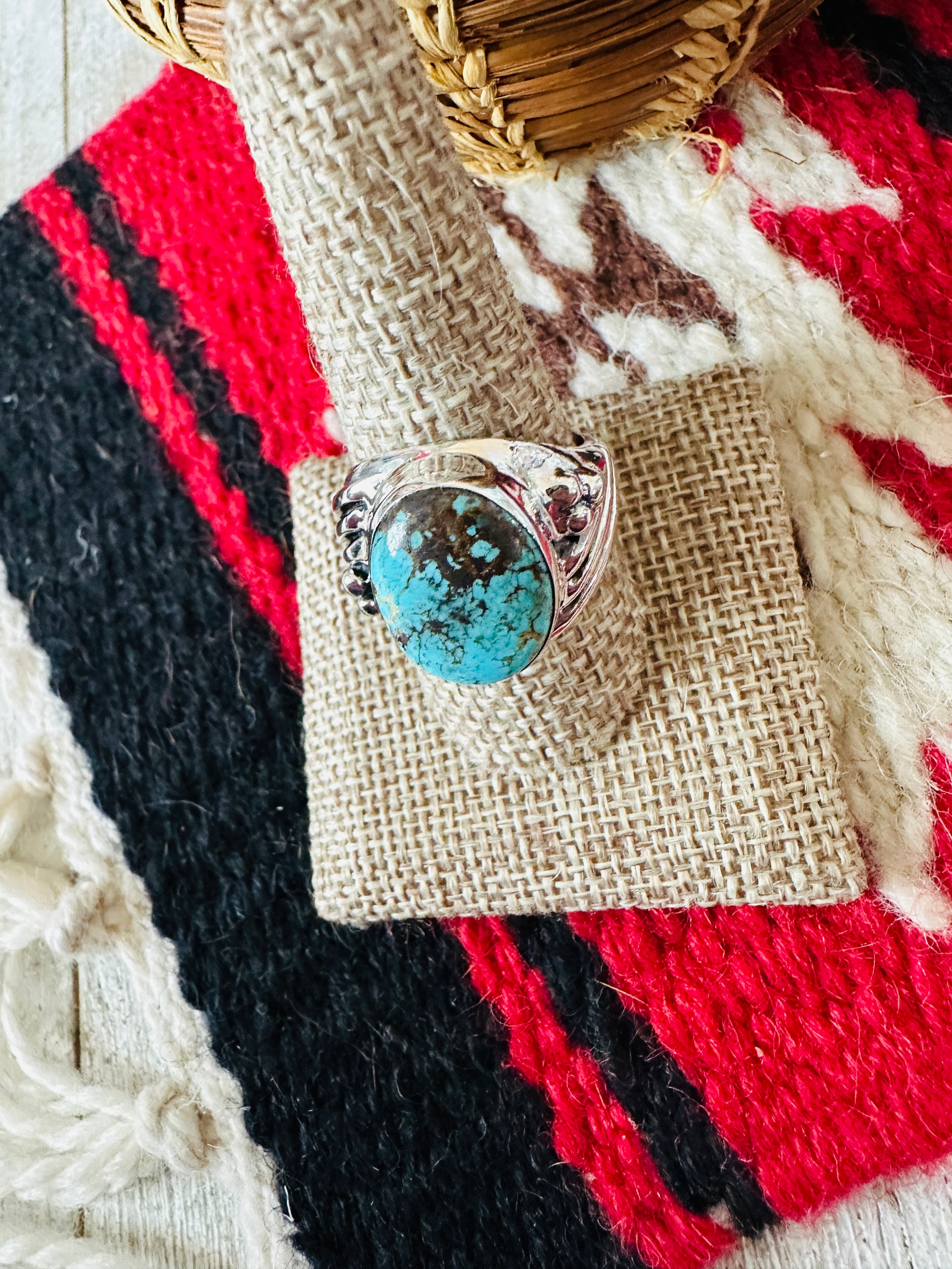 Handcrafted Turquoise & Sterling Silver Cigar Band Ring Size 9.5