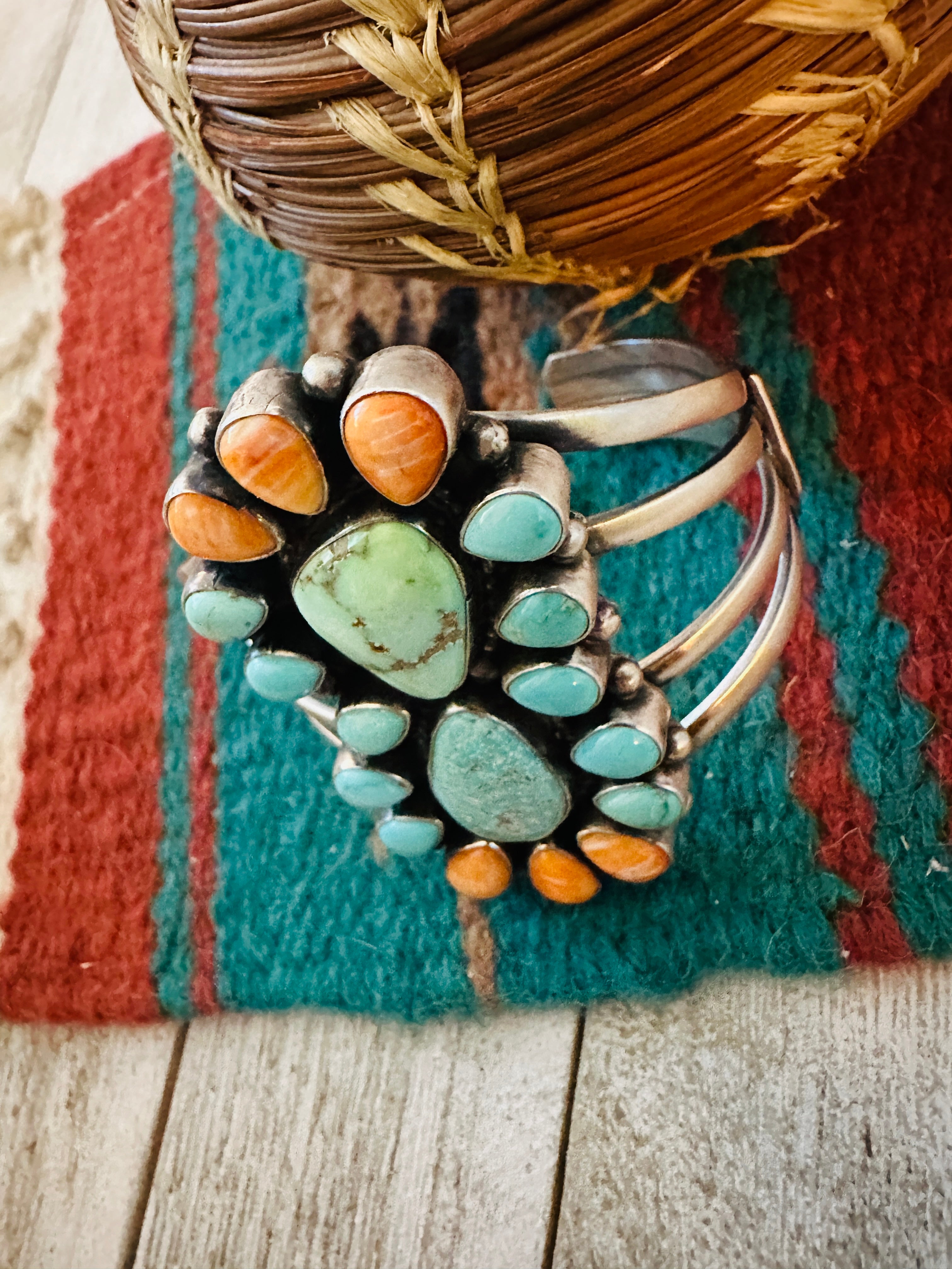 Spiny Oyster, Turquoise & Sterling Silver Cluster Cuff Bracelet /