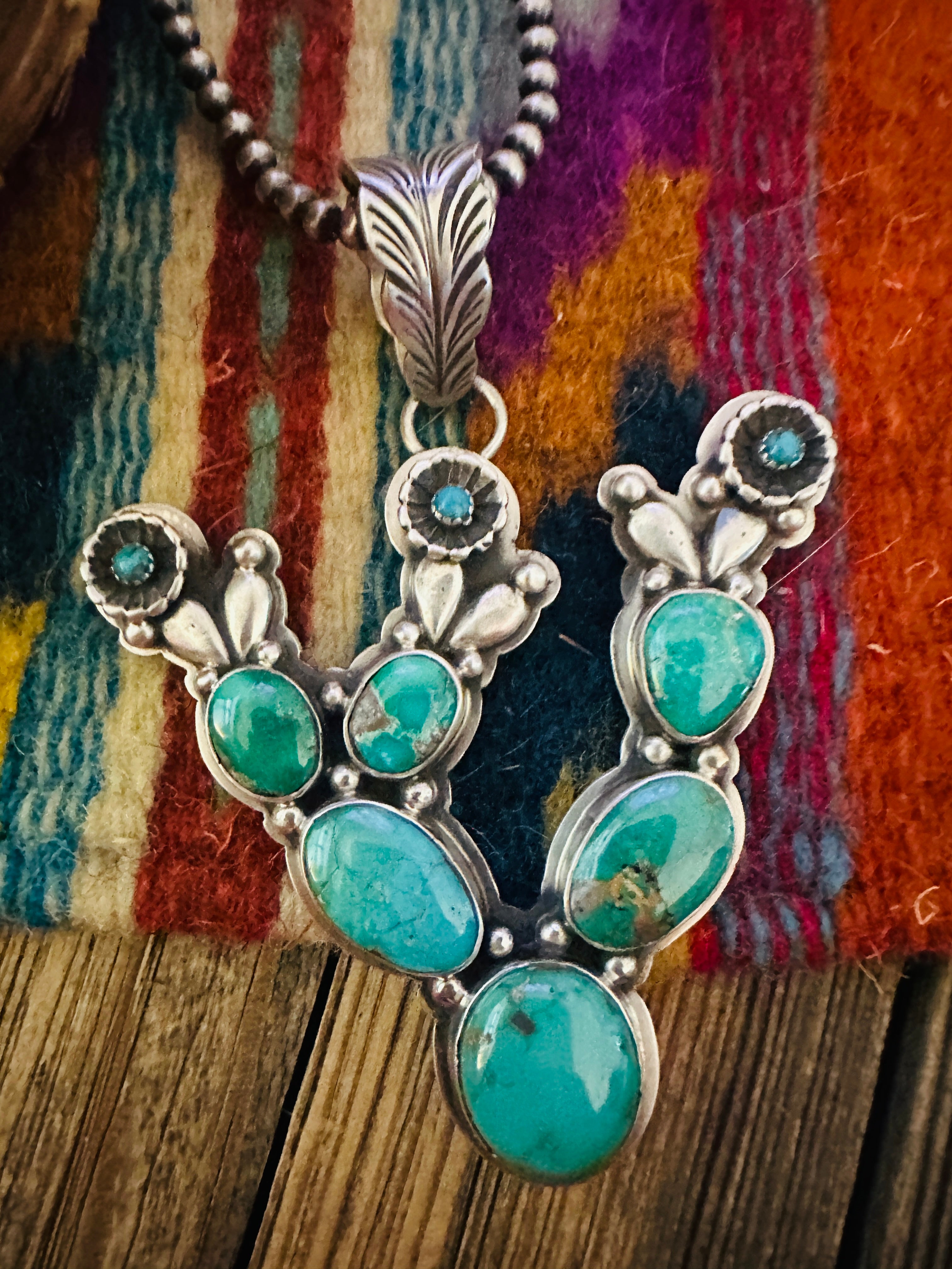 Handcrafted Sterling Silver & Turquoise Cactus Pendant by Charles Johnson