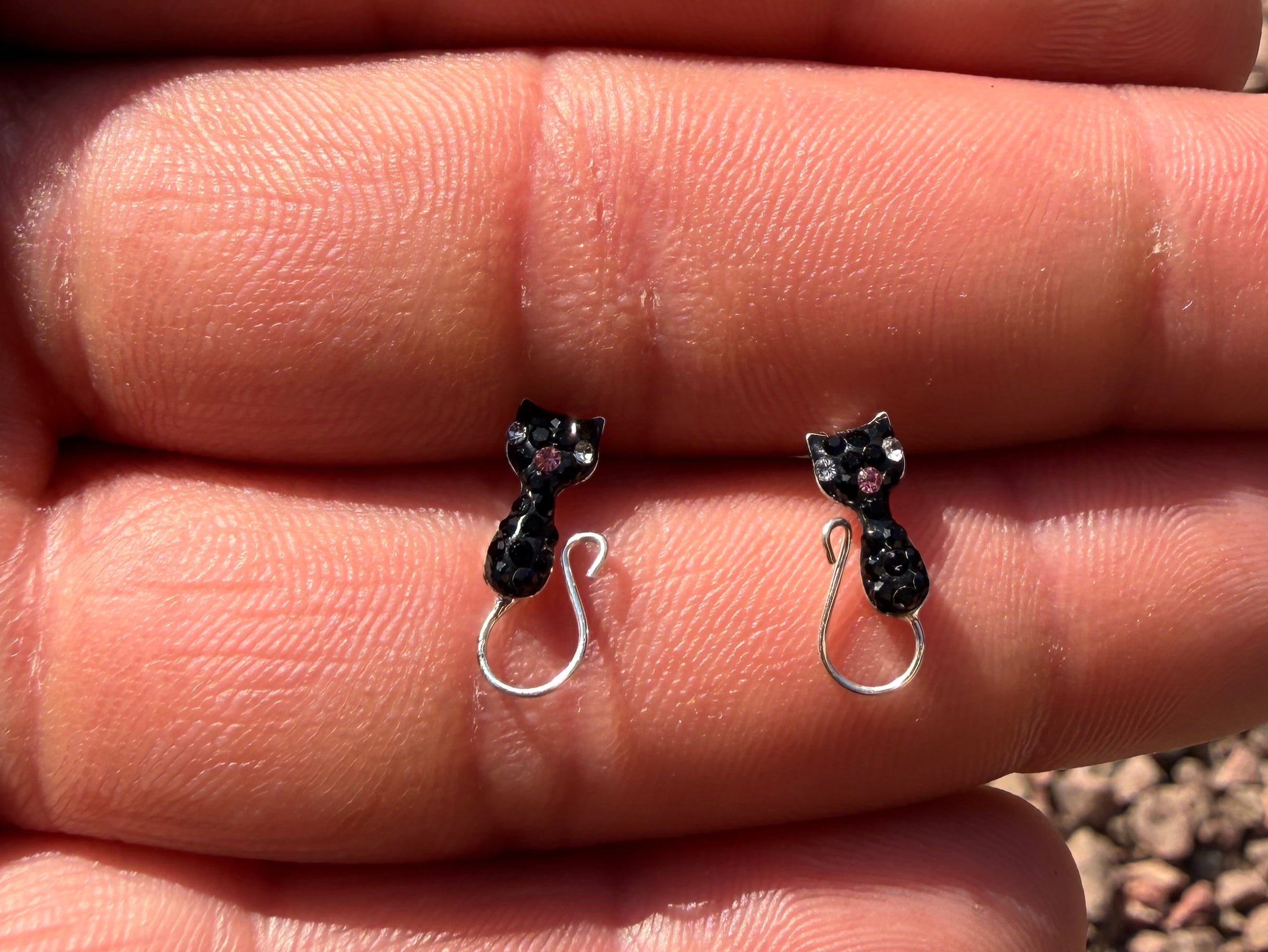 Black Cat CZ Sterling Silver Stud Earrings