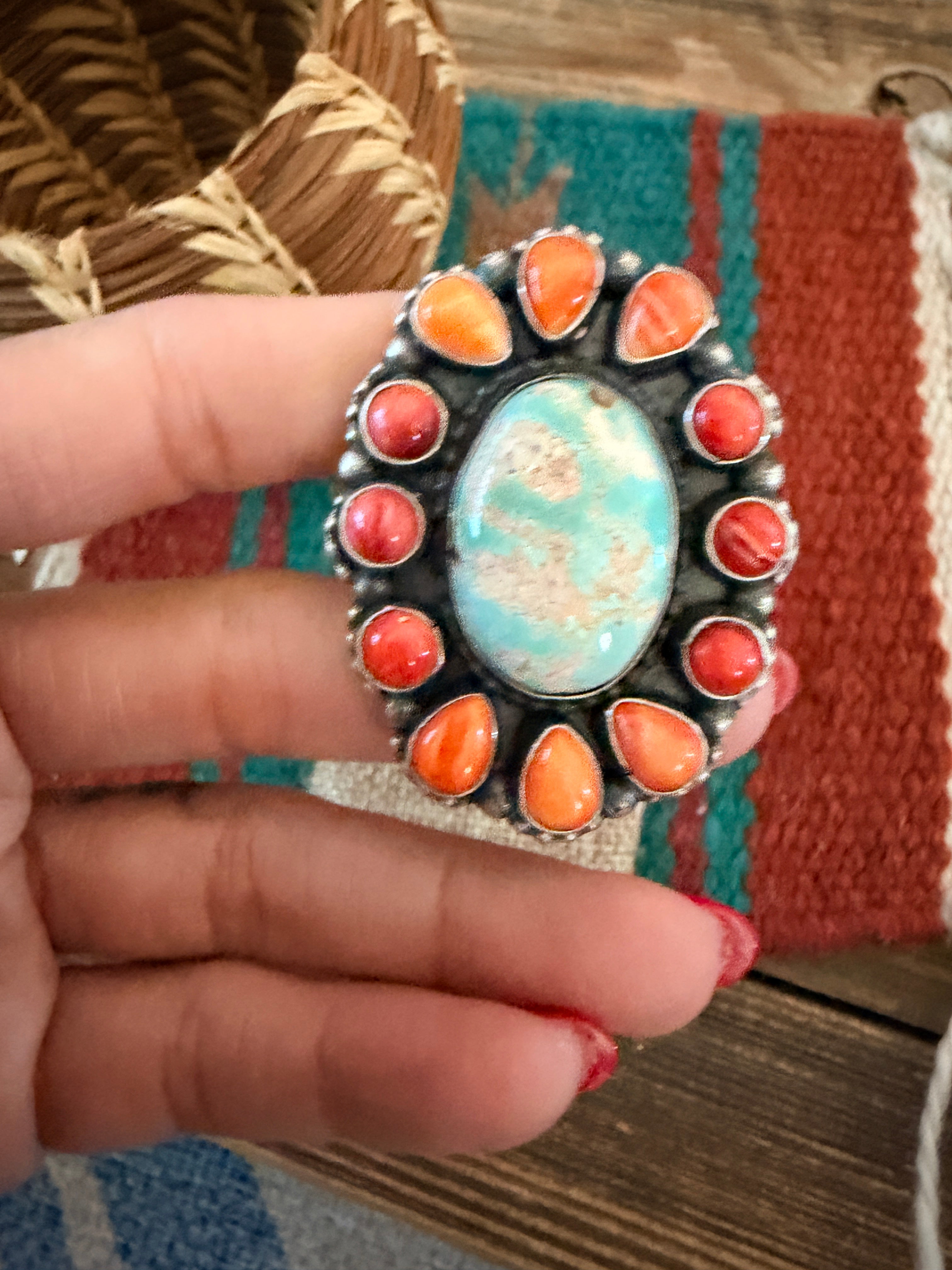 Handcrafted Spiny Oyster, Turquoise & Sterling Silver Cluster Ring by Sheila Becenti Size 7
