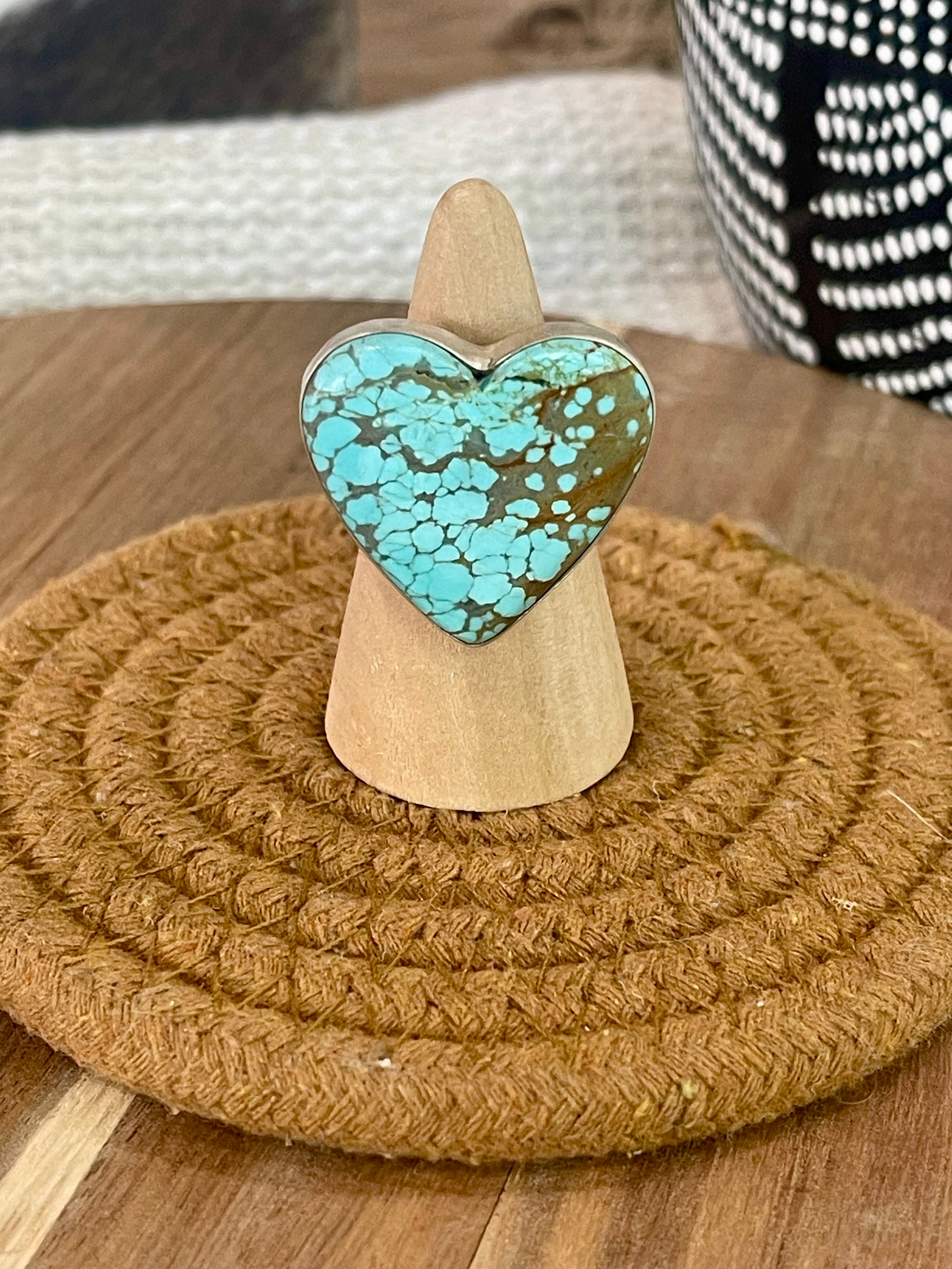 Gorgeous Handmade Sterling Silver & Number 8 Turquoise Adjustable Heart Ring