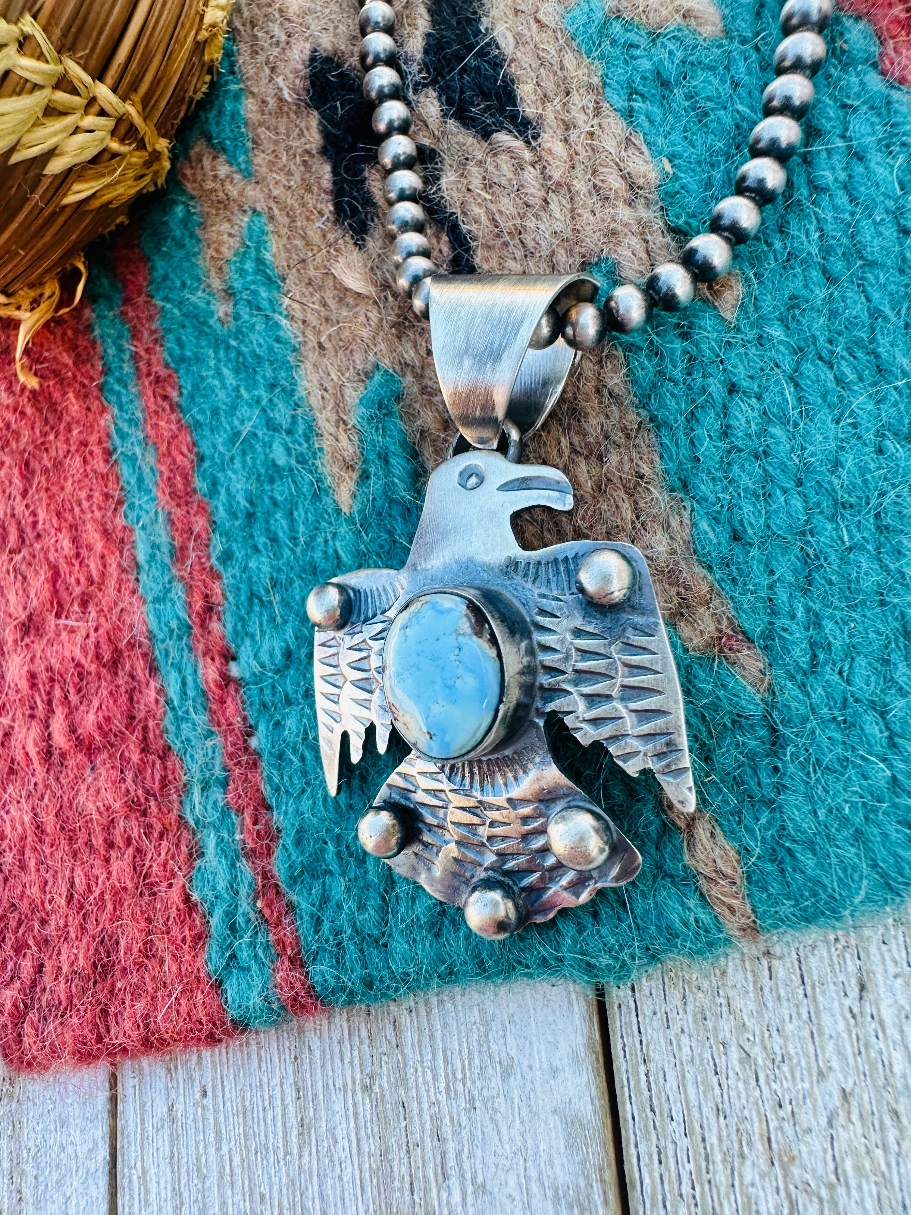 Handcrafted Sterling Silver & Golden Hills Turquoise Thunderbird Pendant by Chimney Butte
