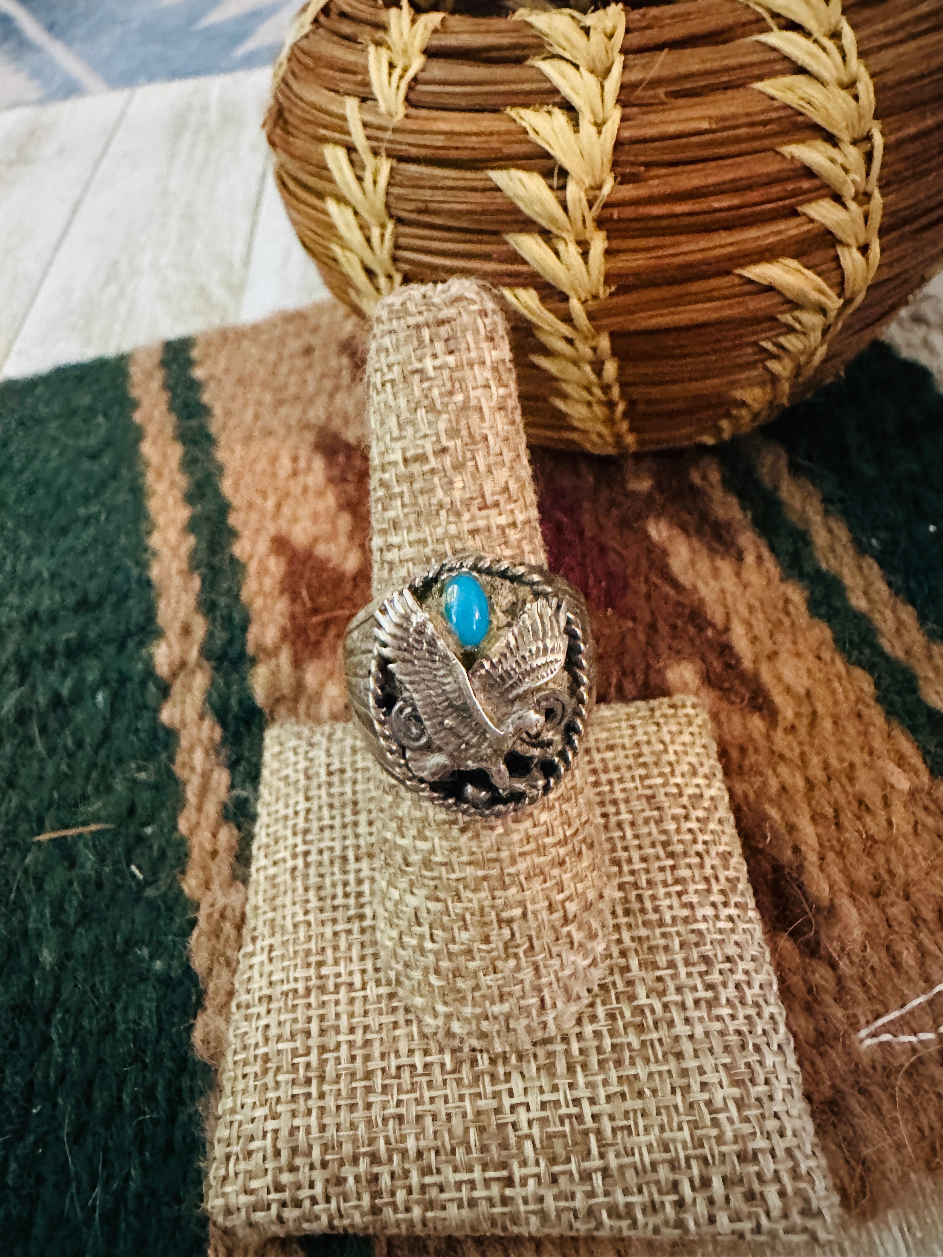 Old Pawn Handcrafted Turquoise & Sterling Silver Eagle Ring Size 8