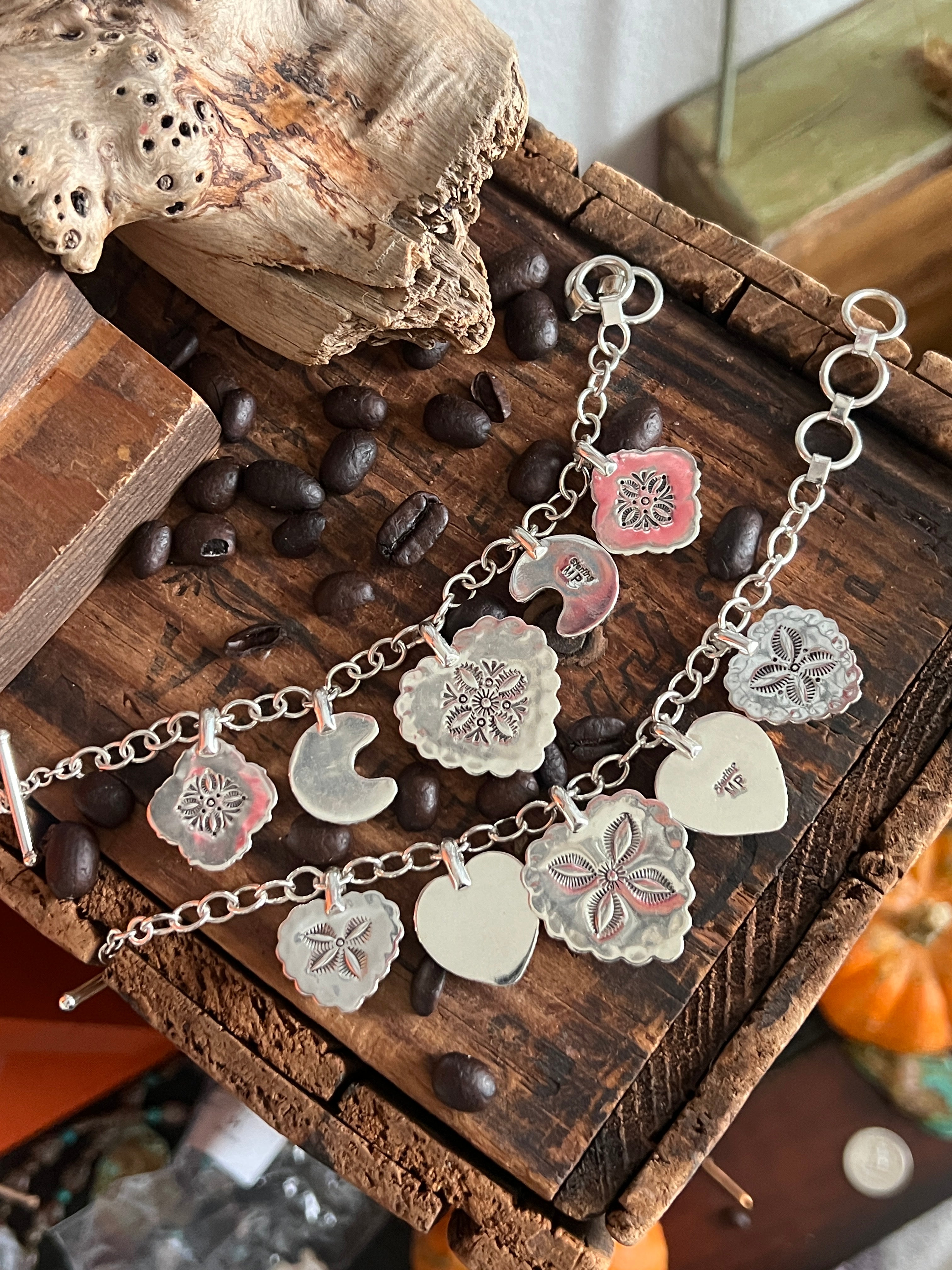 Murphy Platero Handcrafted Sterling Silver, Turquoise and Spiny Oyster Heart Charm Bracelets