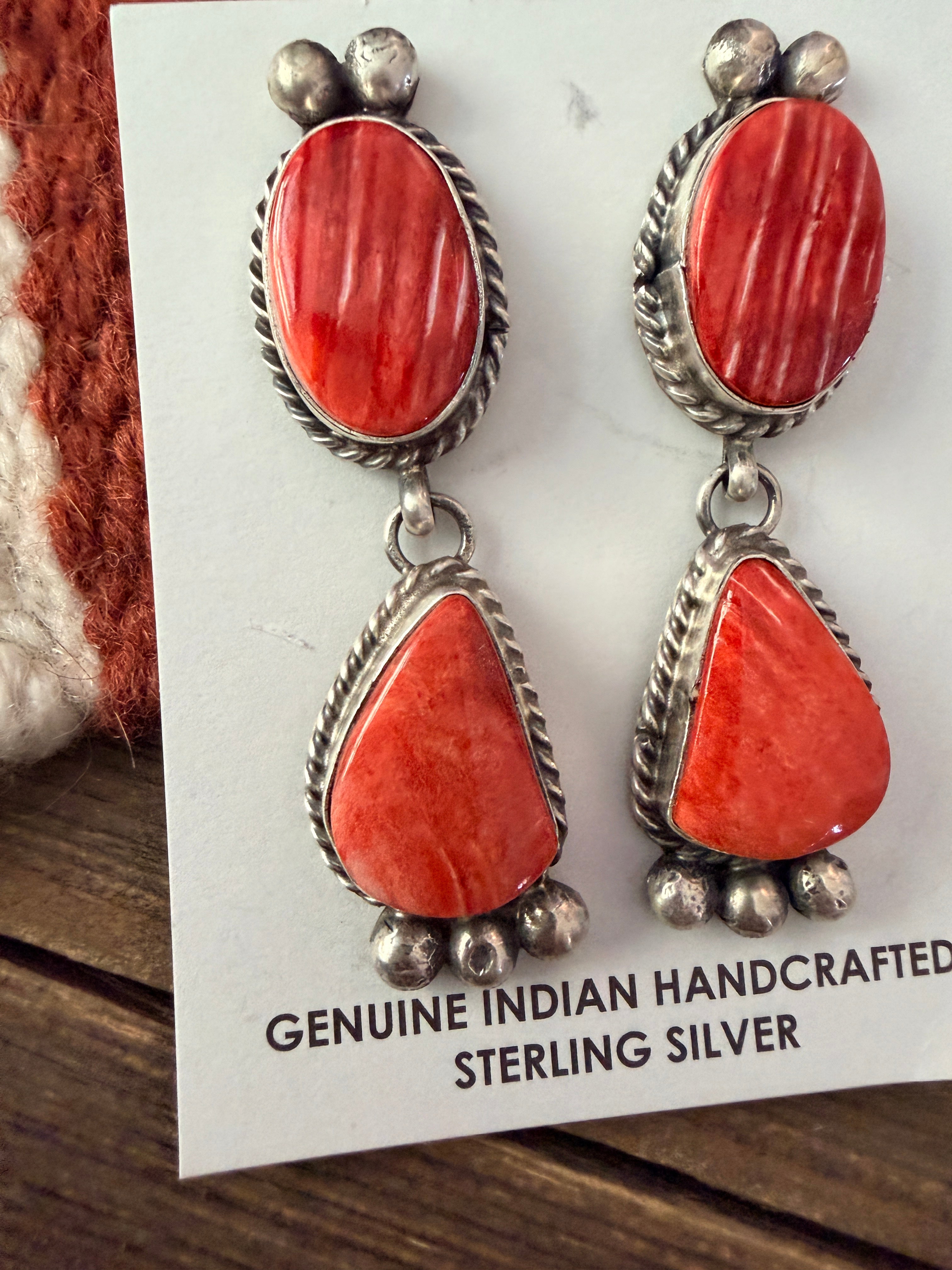 Handcrafted Red Spiny and Sterling Silver Dangle Earrings by Vicky Hicks