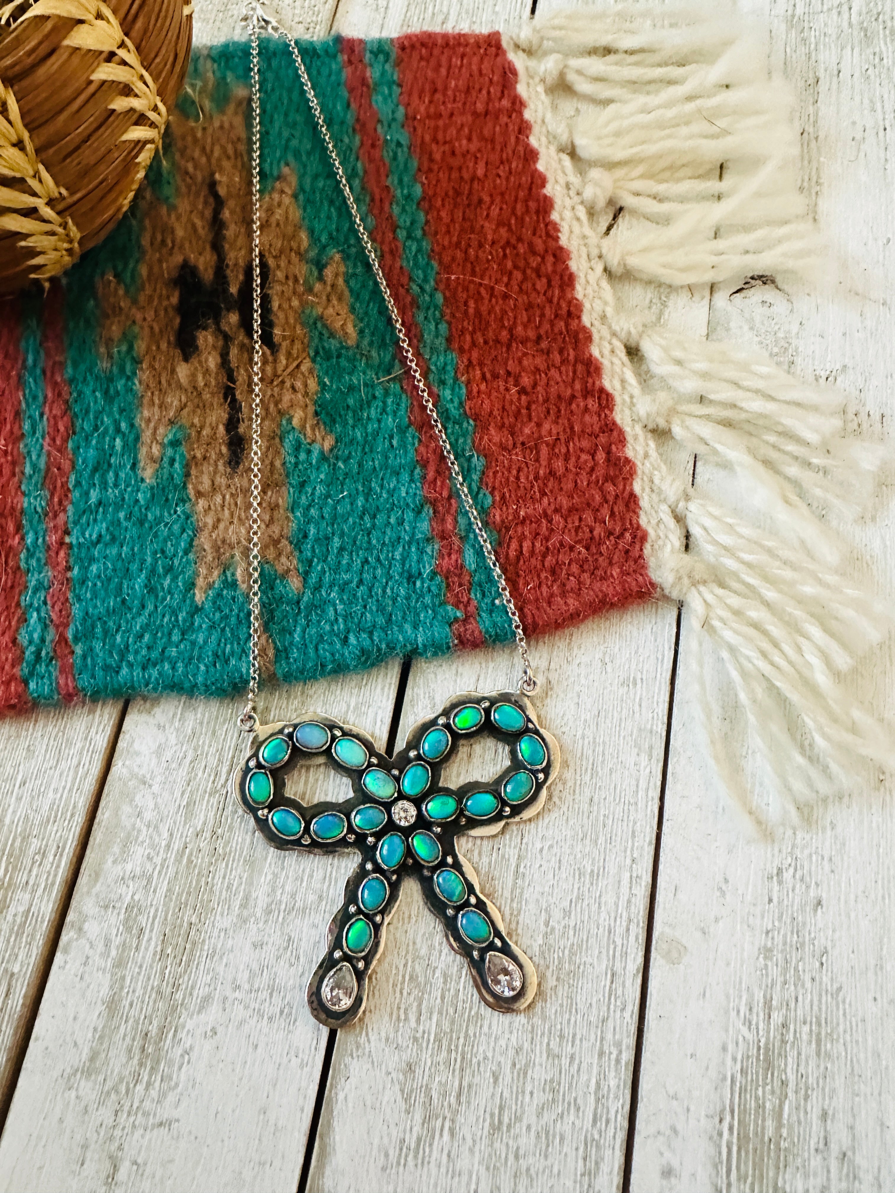 ** Christmas Collection ** Handmade Sterling Silver, Synthetic Opal & CZ Bow Necklace Signed Nizhoni