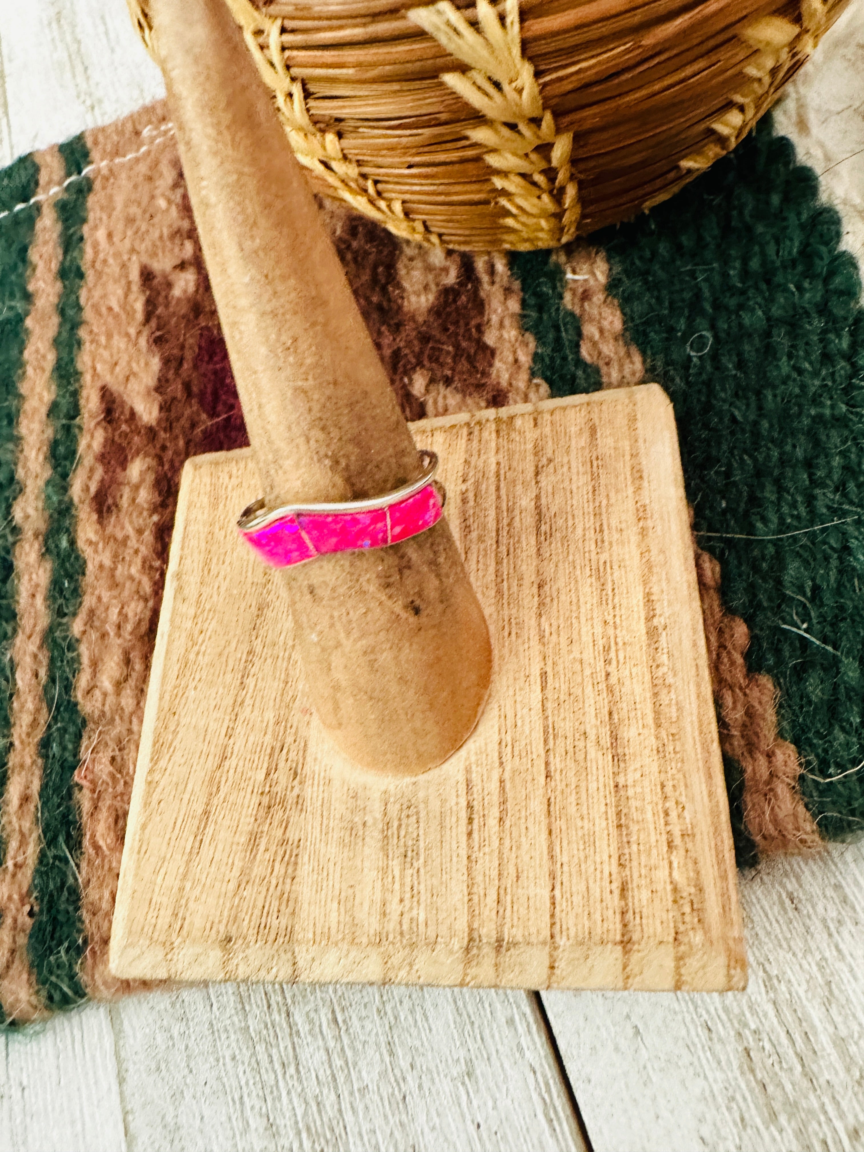 Handcrafted Sterling Silver & Pink Opal Inlay Band Ring