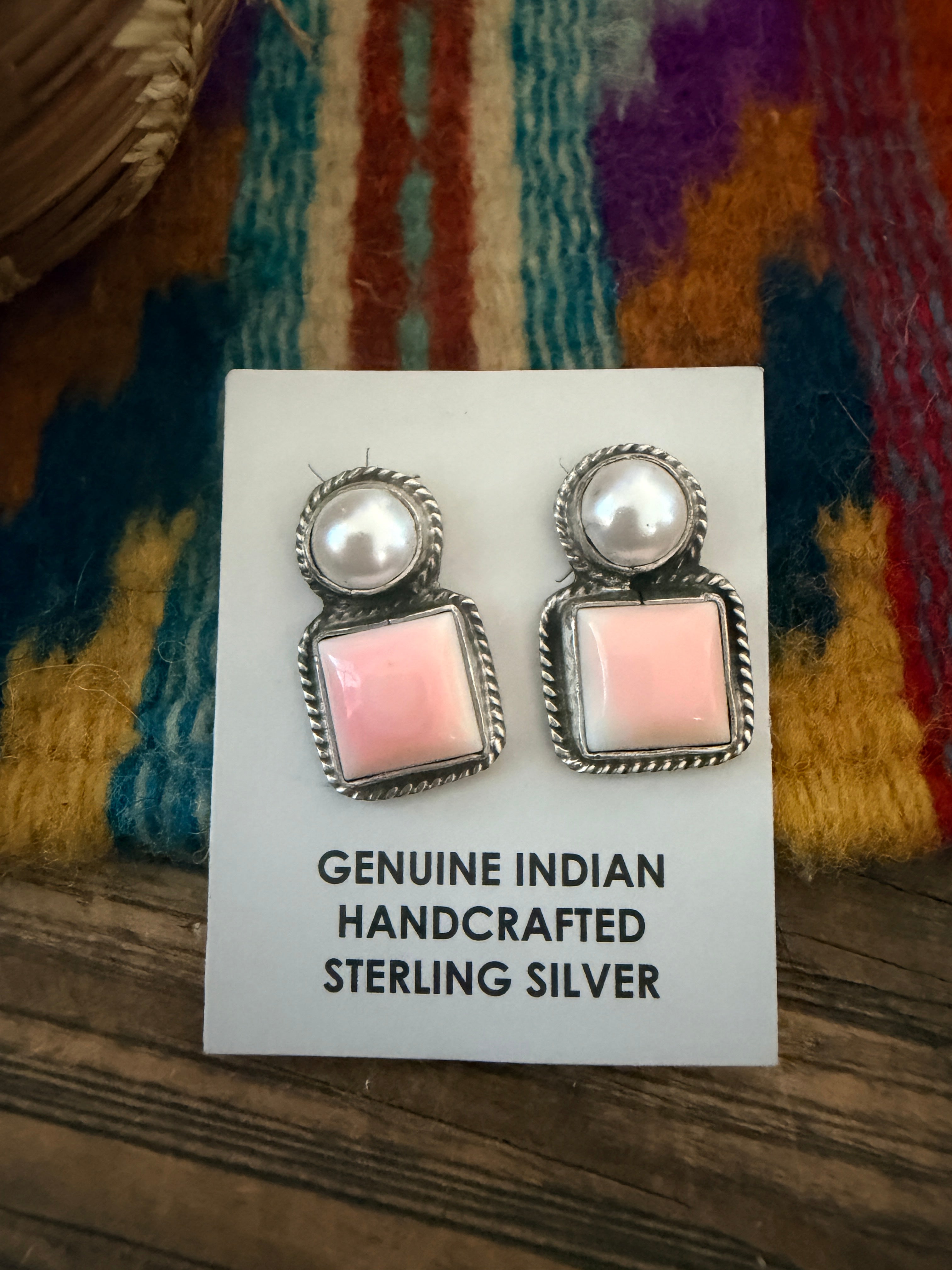 Handcrafted Queen Pink Conch, Pearl & Sterling Silver Post Earrings by Marcella James