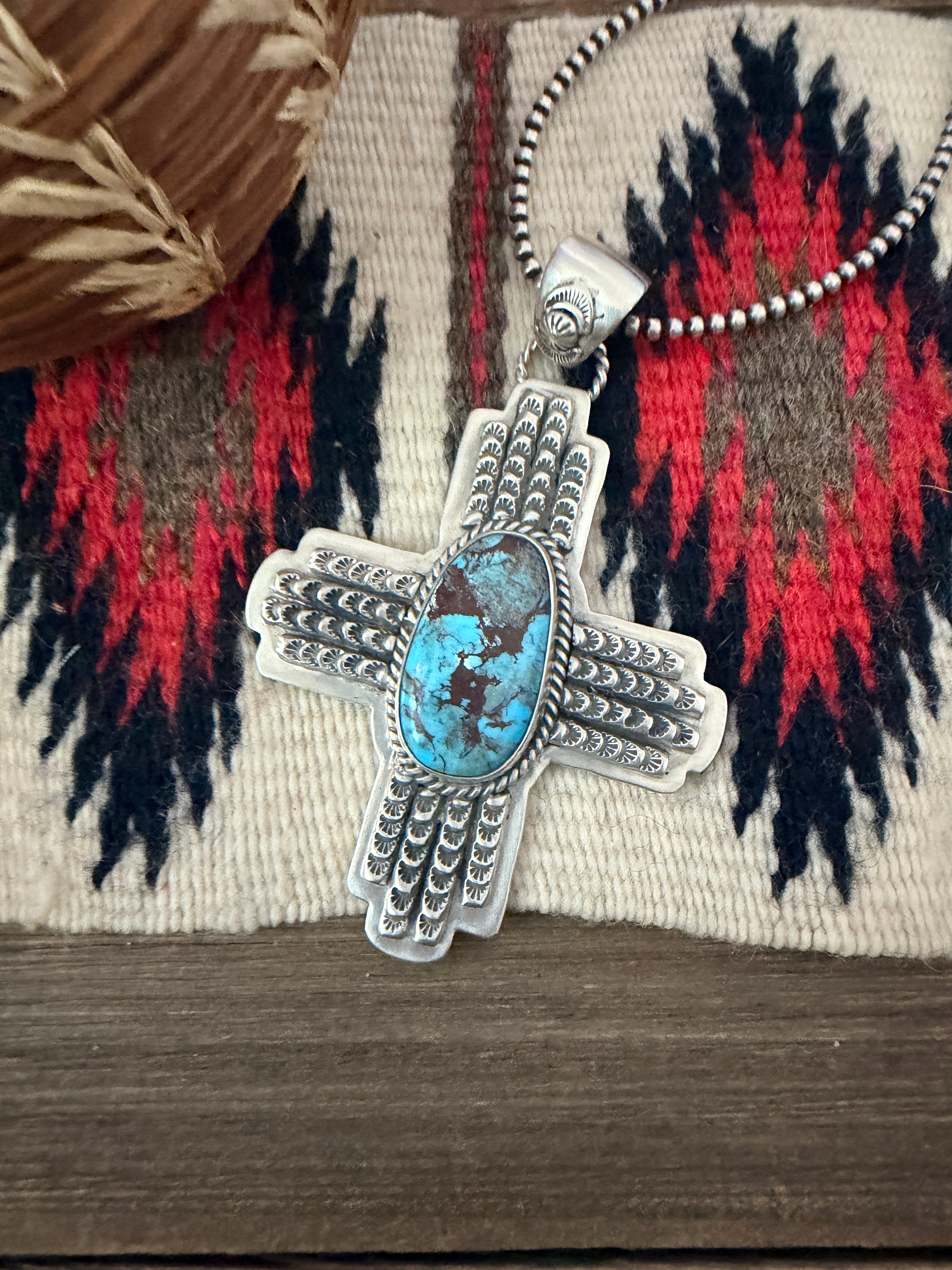 Handcrafted Turquoise & Sterling Silver Cross Pendant by Larry Kaye