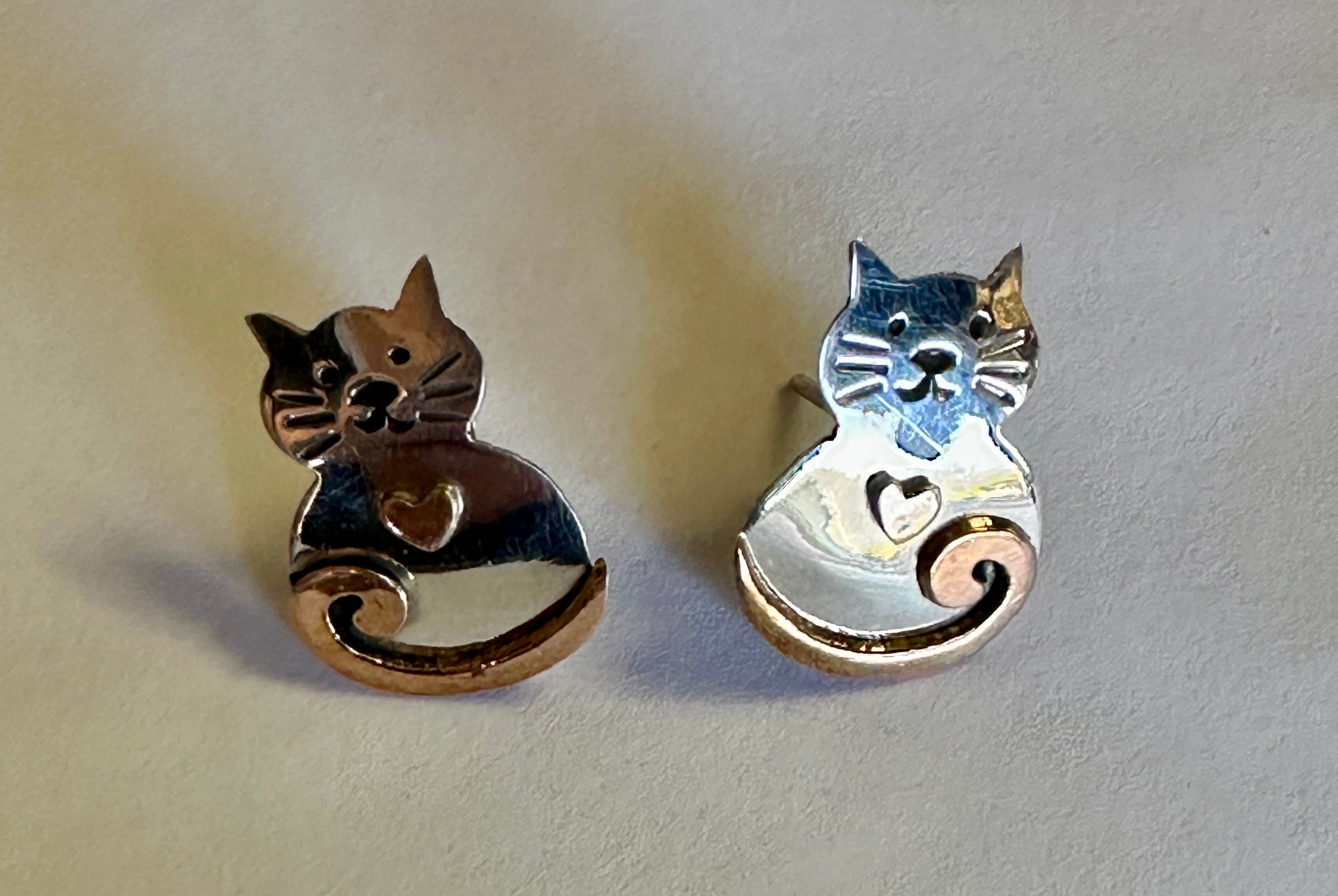 Sterling Silver & Copper Cat Earrings on Post