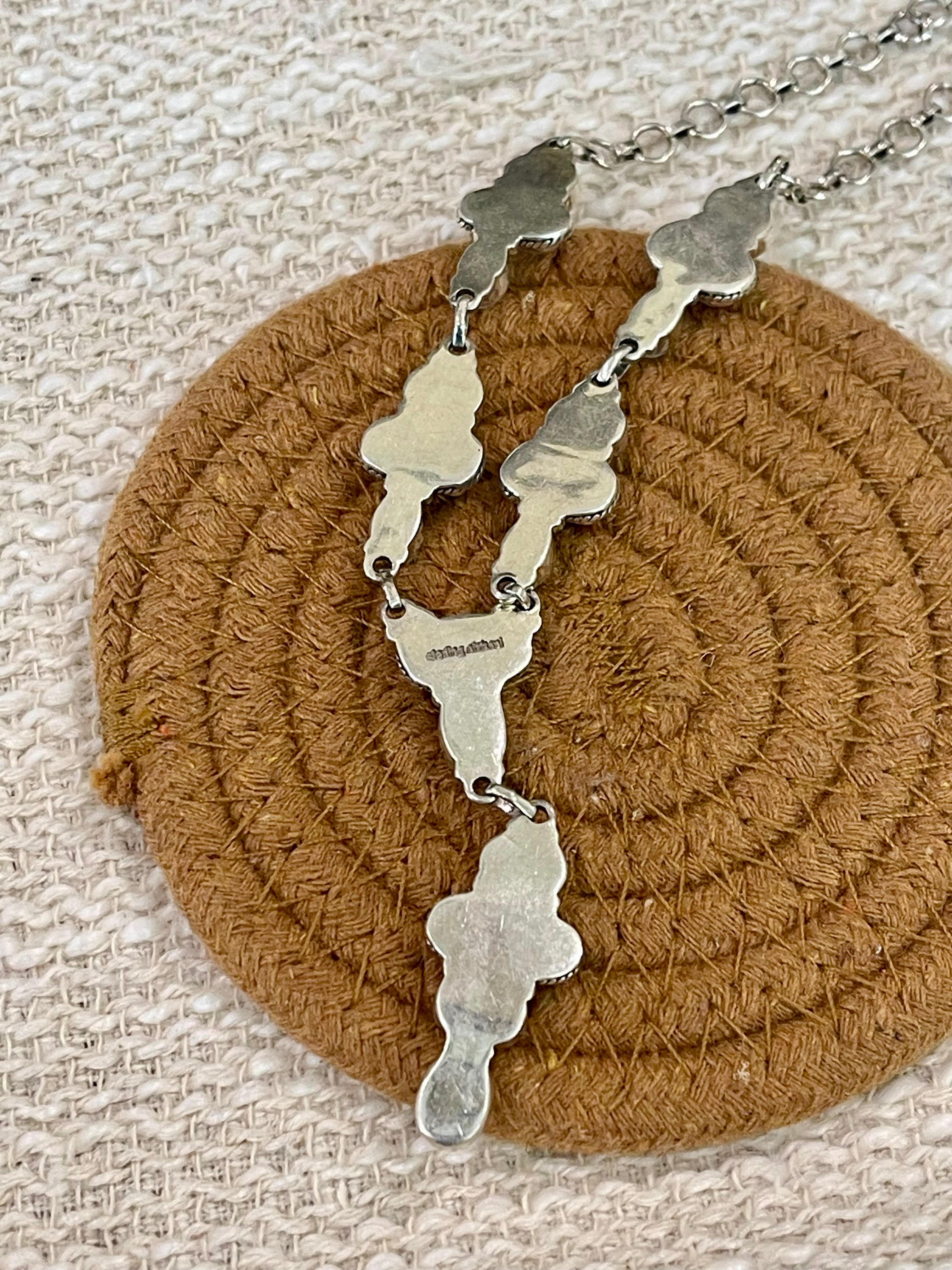 ** 4TH OF JULY ** Handmade Sterling , Silver Synthetic Opal & Coral Necklace with Signed Nizhoni