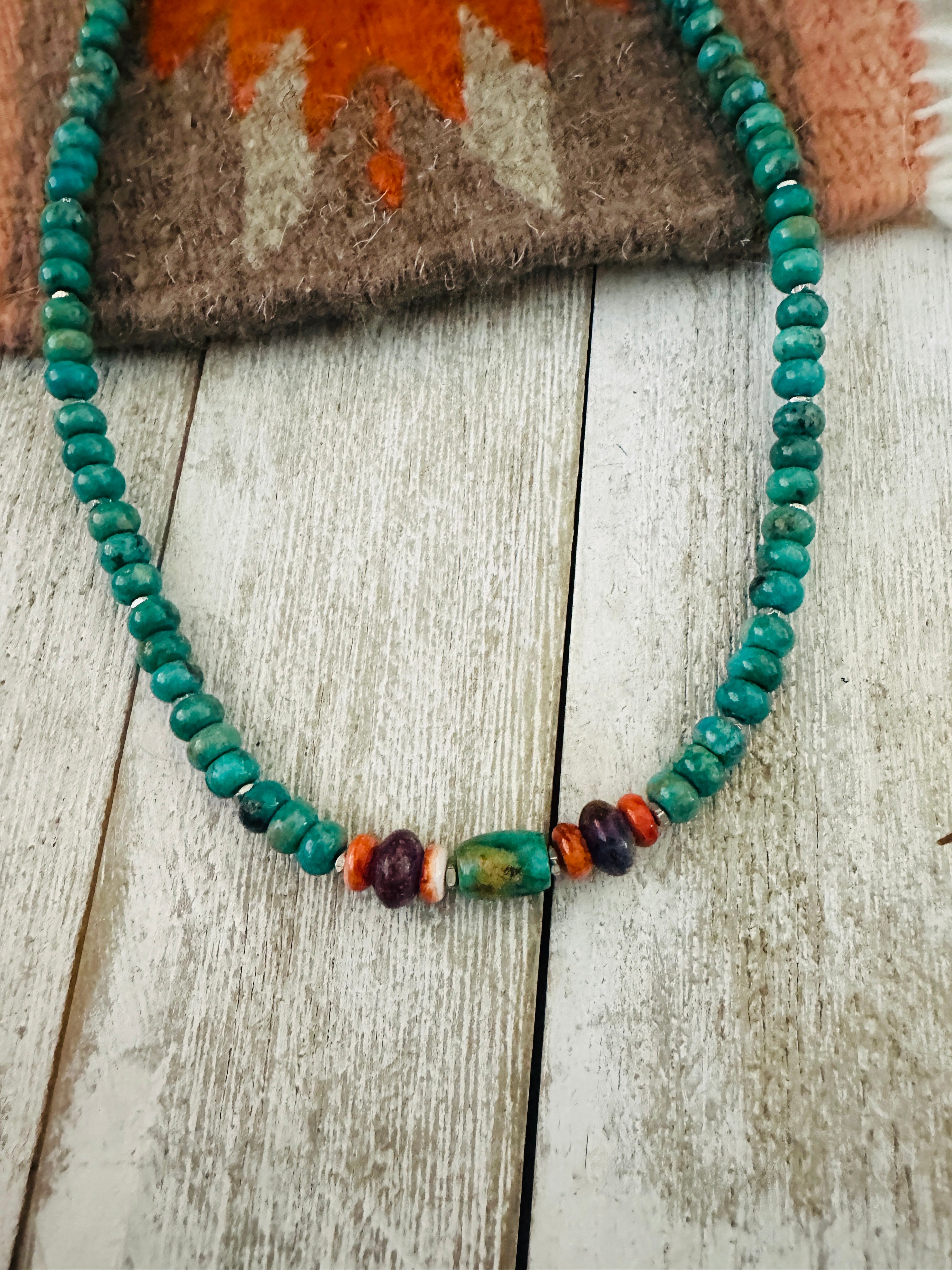 Handcrafted Turquoise, Spiny, Amethyst & Sterling Silver 16” Beaded Necklace