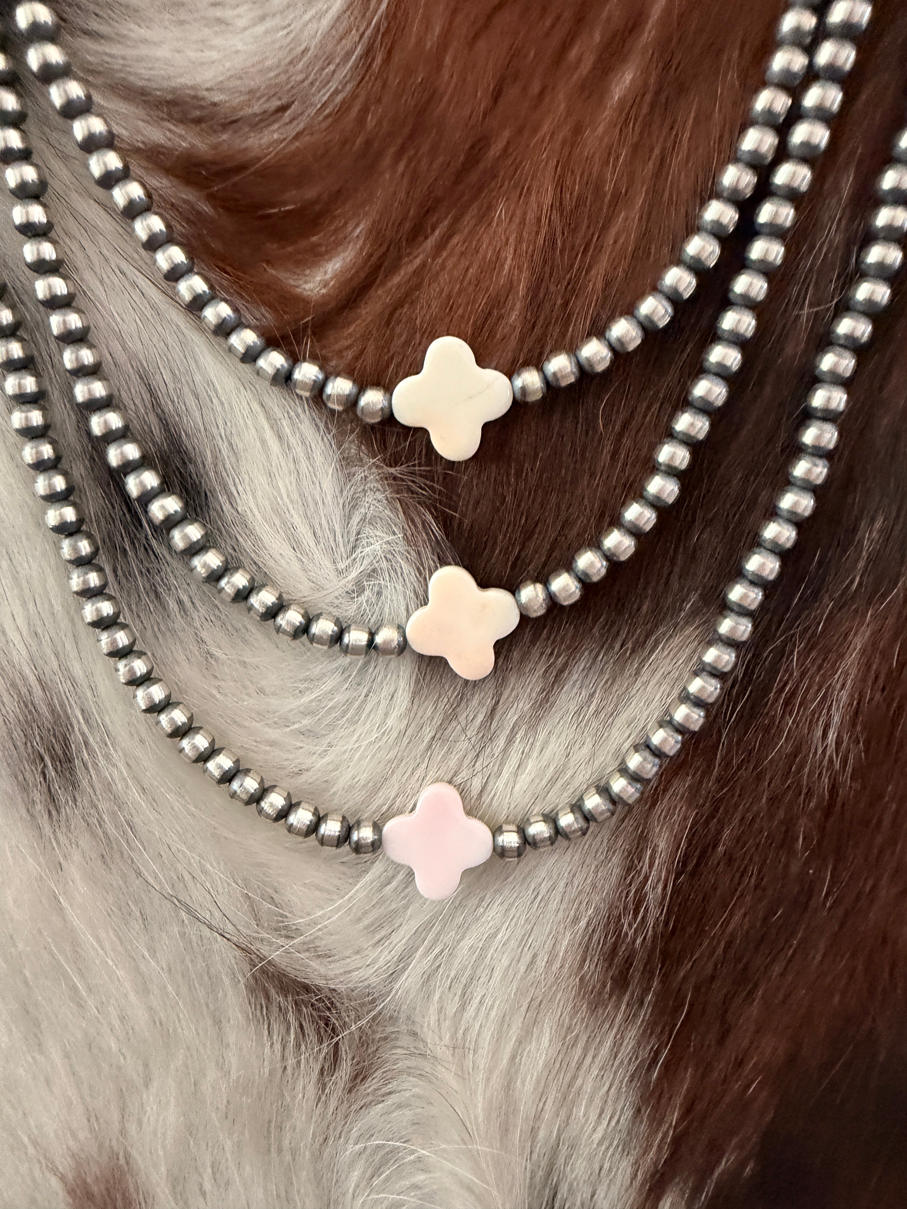 Handcrafted Queen Pink Conch and Sterling Silver Pearl Quatrefoil Beaded Necklace