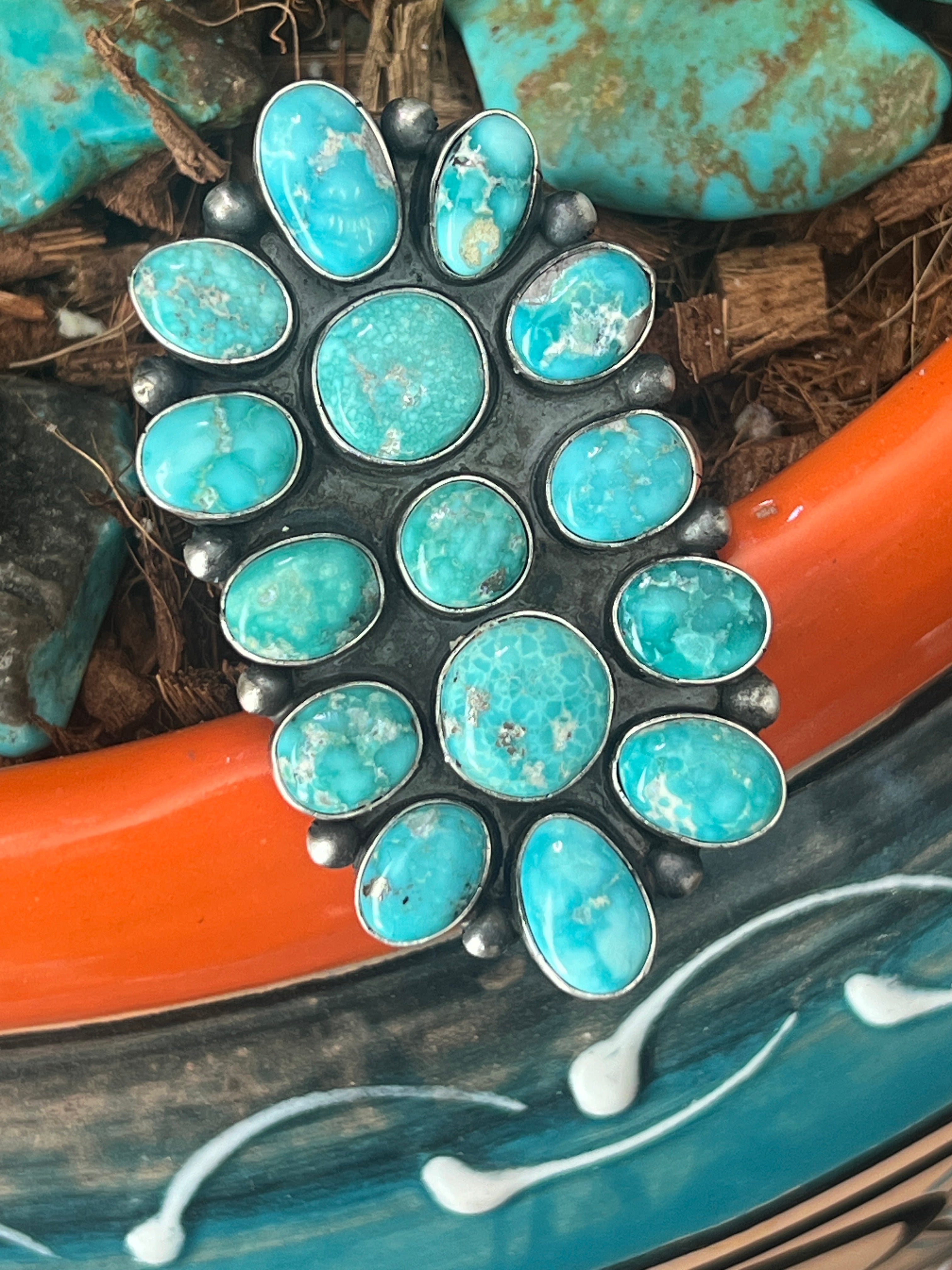 Handcrafted Paul Livingston Sterling Silver and Campitos Turquoise Cluster Ring, Size 7