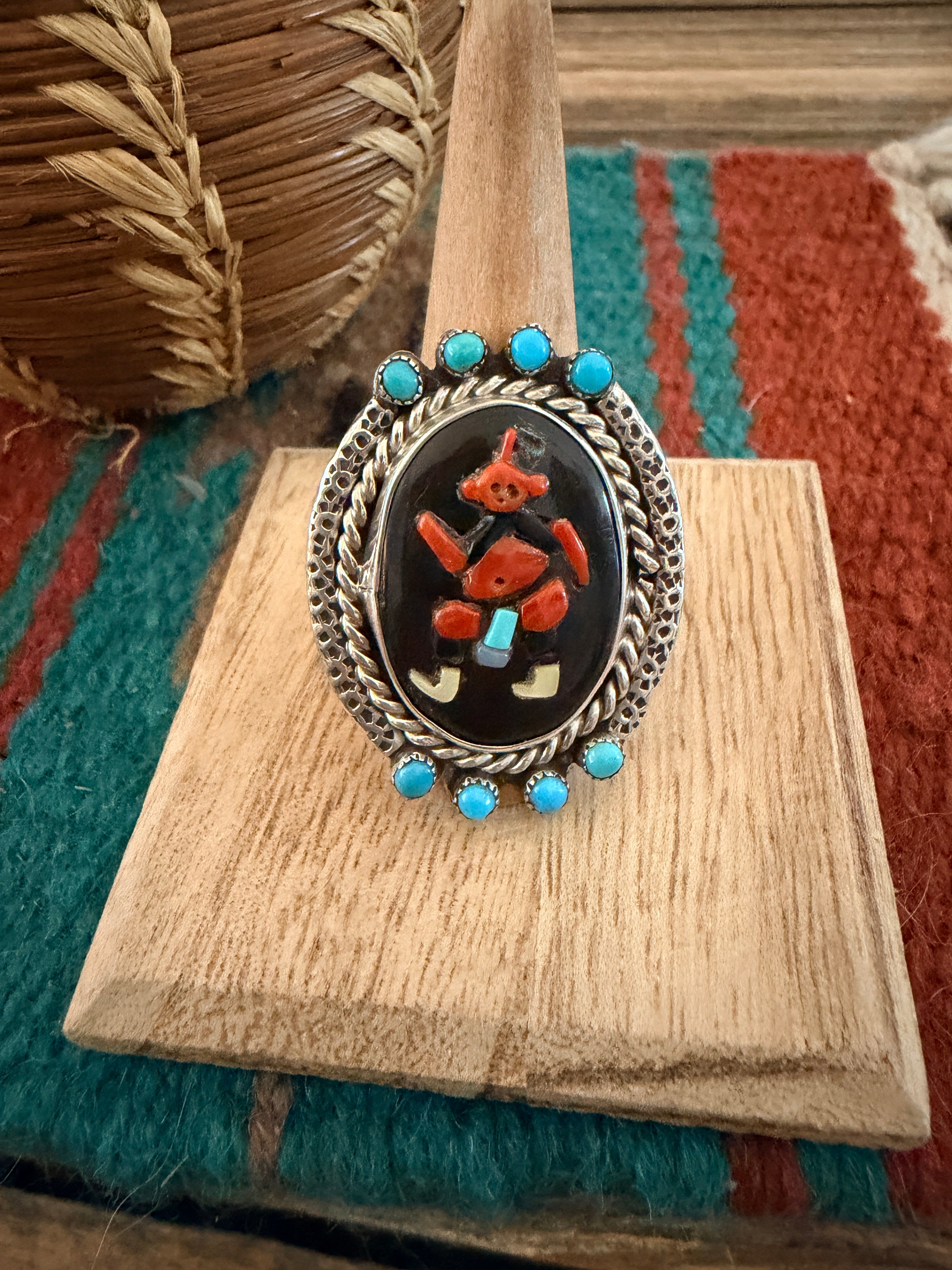 Old Pawn Handcrafted Multi Stone & Sterling Silver Inlay Kachina Ring Size 8.75