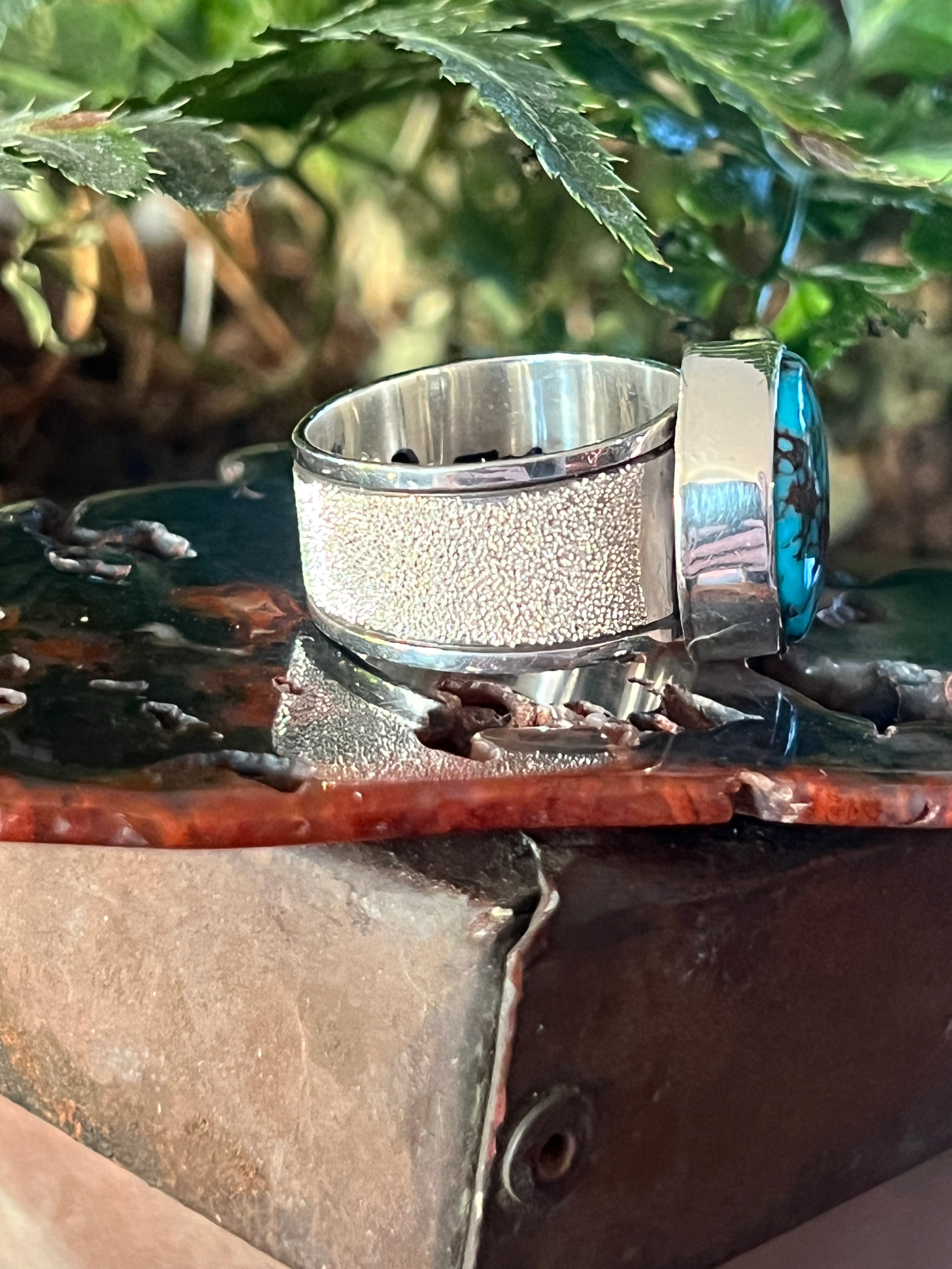Handcrafted Sterling Silver Wide Shank Ring with Egyptian Turquoise by Shaun Rogers, Size 10.75