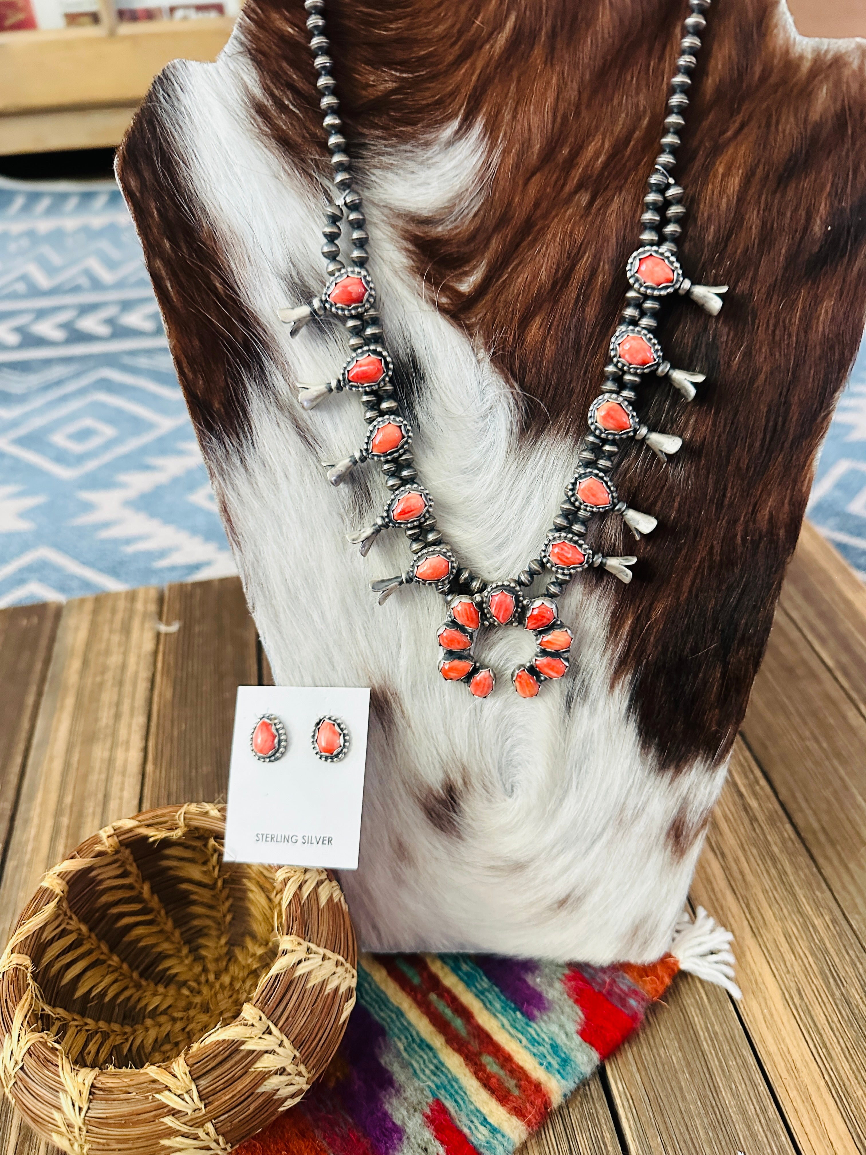 Handcrafted Sterling Silver & Spiny Oyster Squash Blossom Necklace Set