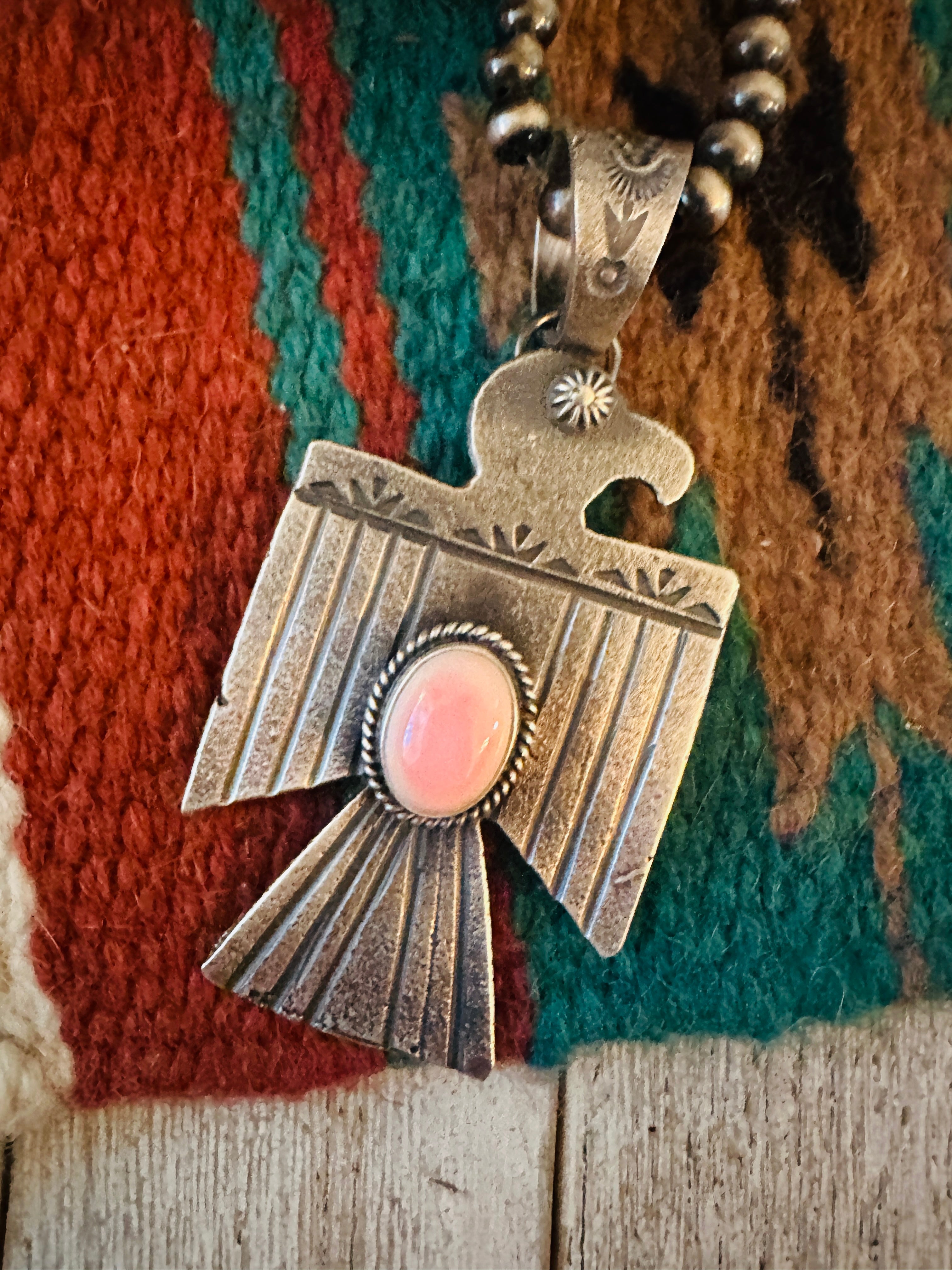 Handcrafted Sterling Silver & Queen Pink Conch Thunderbird Pendant by Kevin Billah