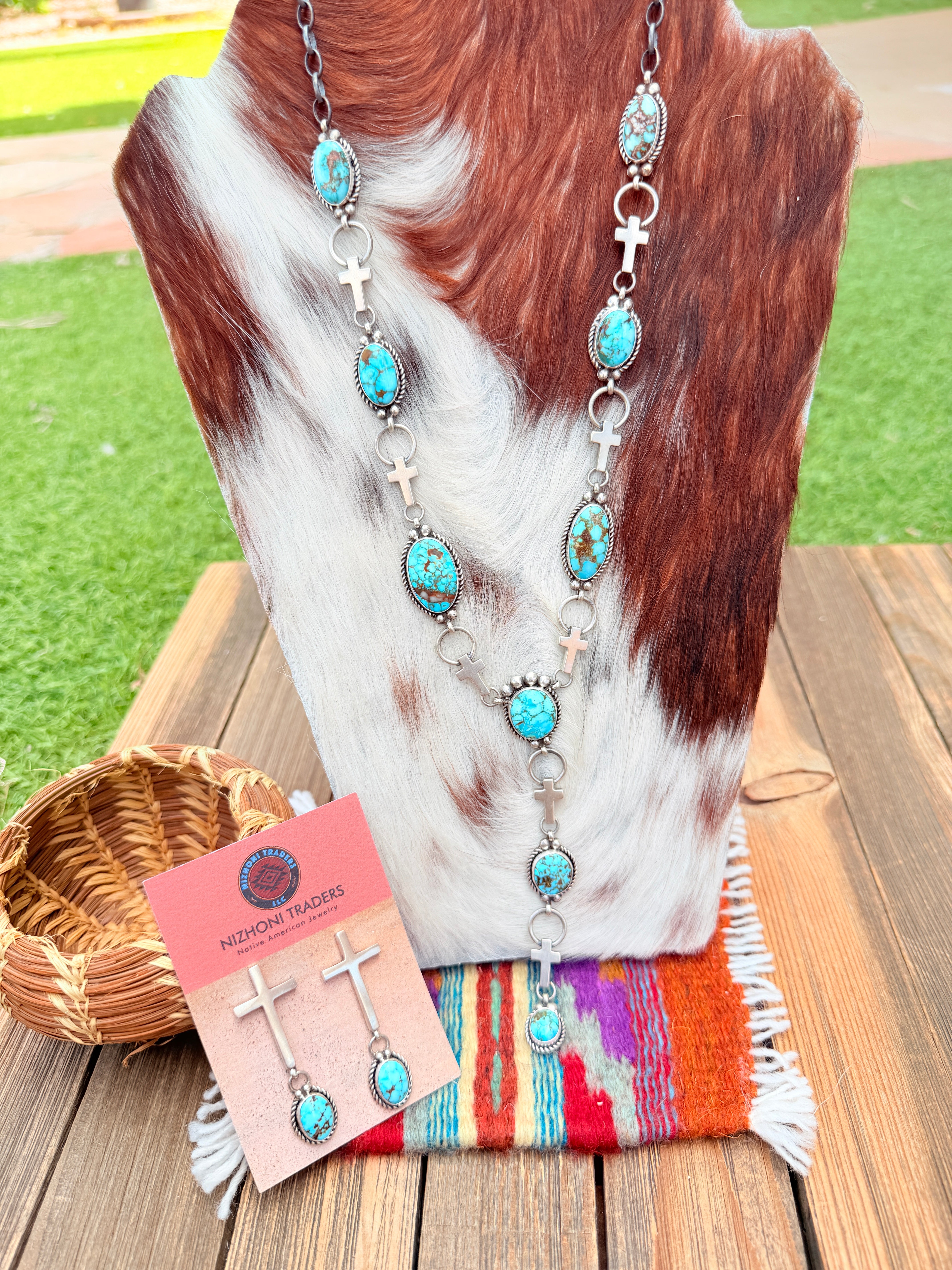 Handcrafted Turquoise & Sterling Silver Cross Necklace and Earring Set by Fred Francis