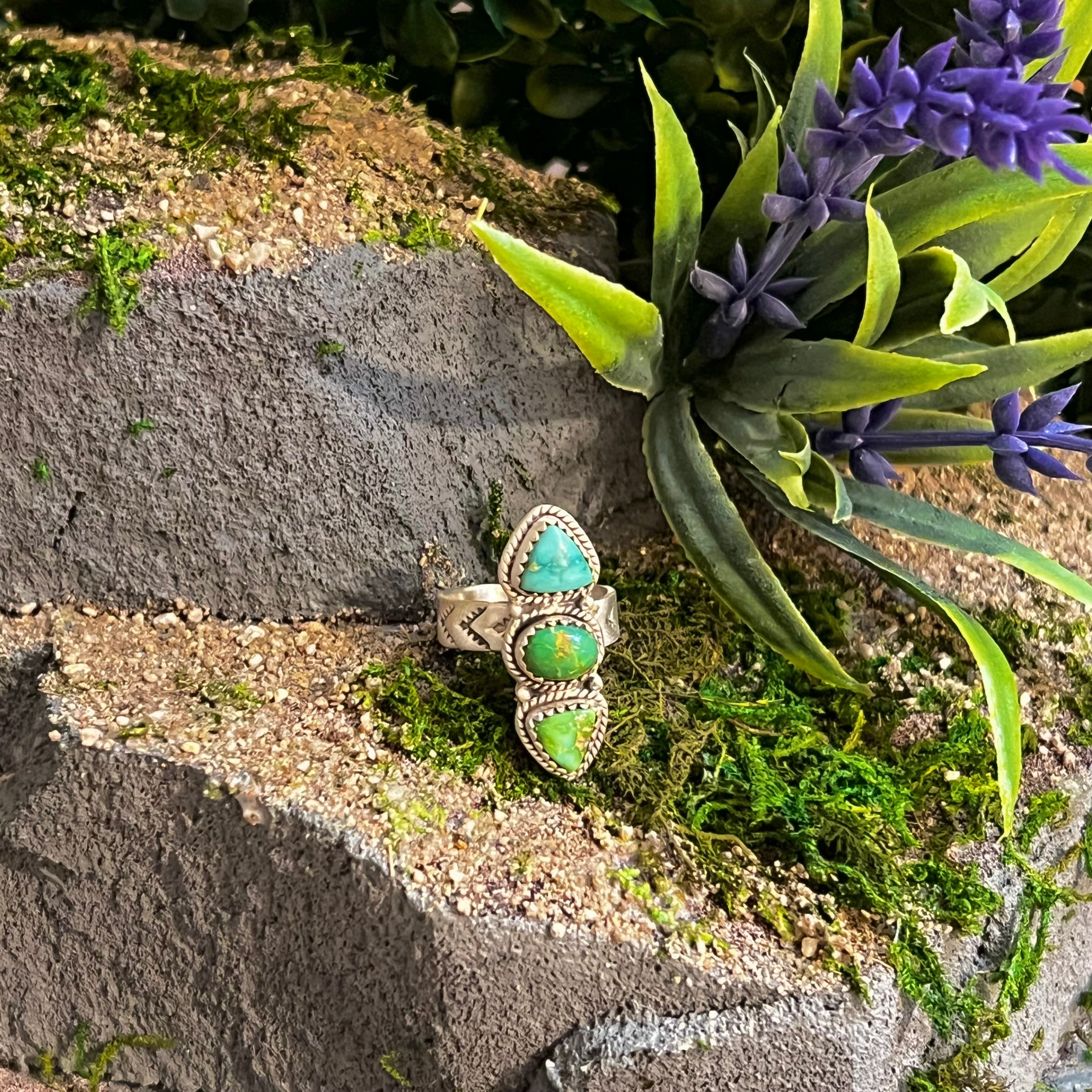 Handmade Sterling Silver 3-Stone South Hill & Sonoran Mountain Turquoise Adjustable Ring