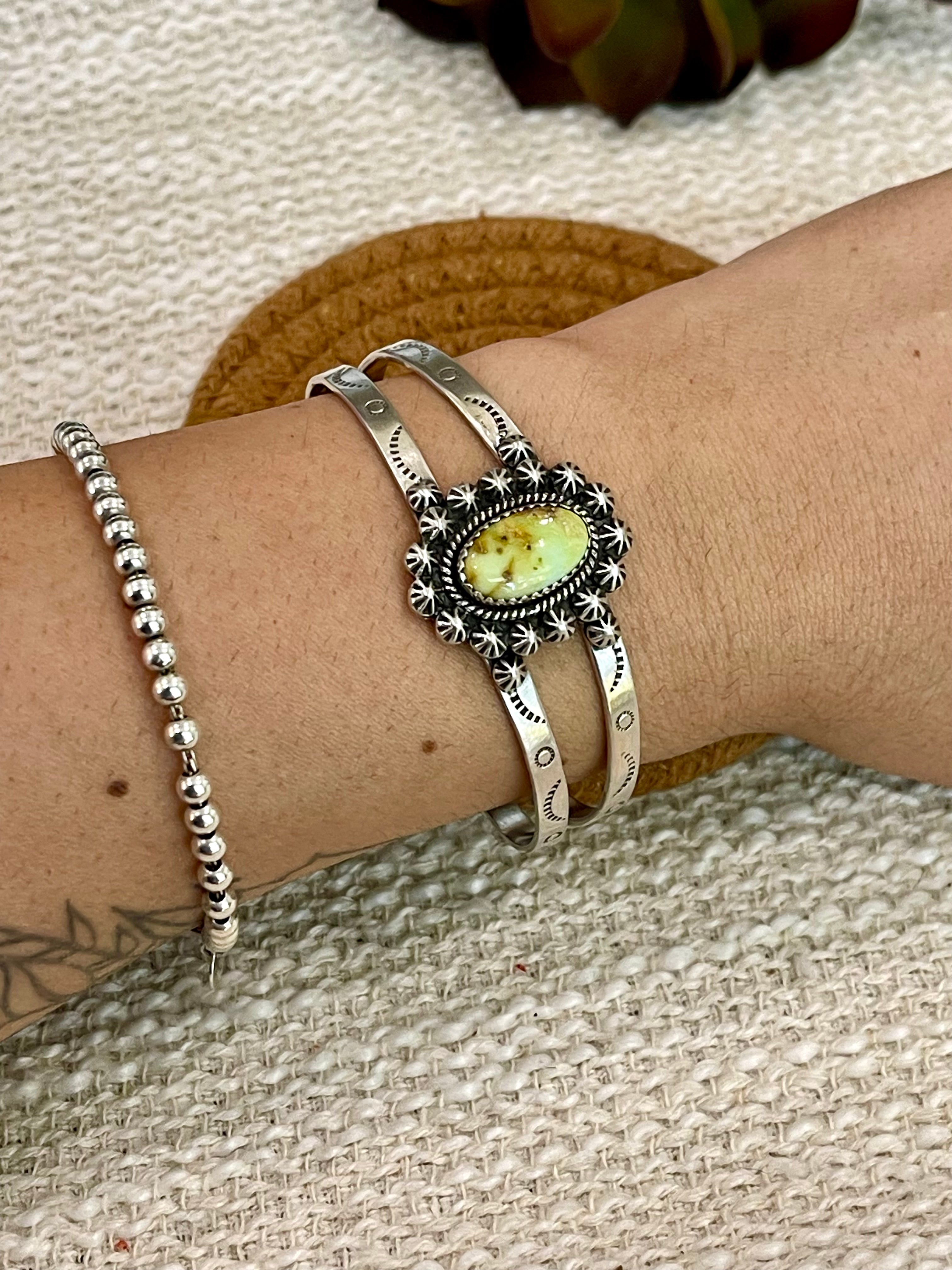 Handmade Sterling Silver Palomino Turquoise Cuff Bracelet with Signed Nizhoni