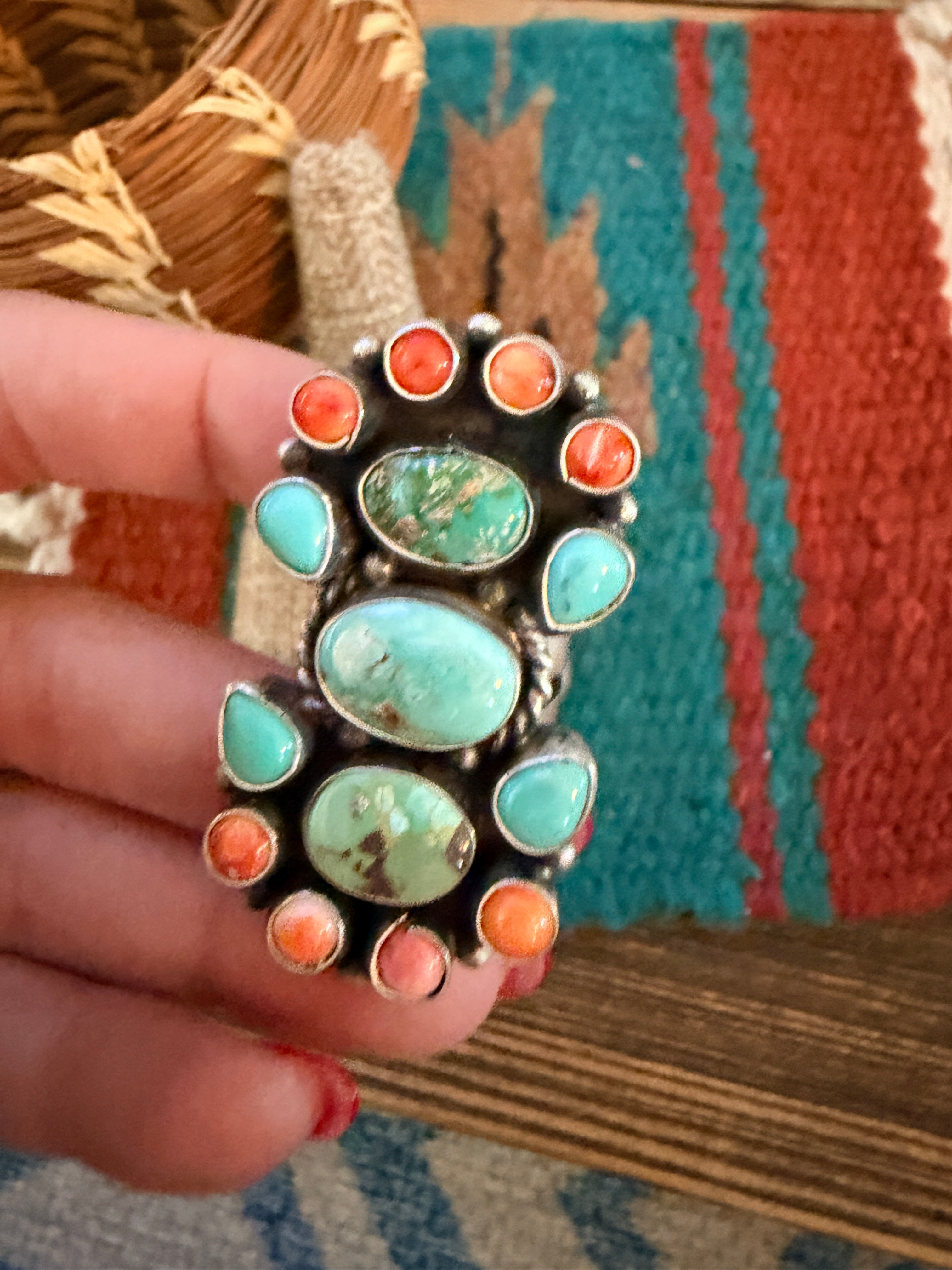 Handcrafted Spiny Oyster, Turquoise & Sterling Silver Cluster Ring by Sheila Becenti Size 9.5