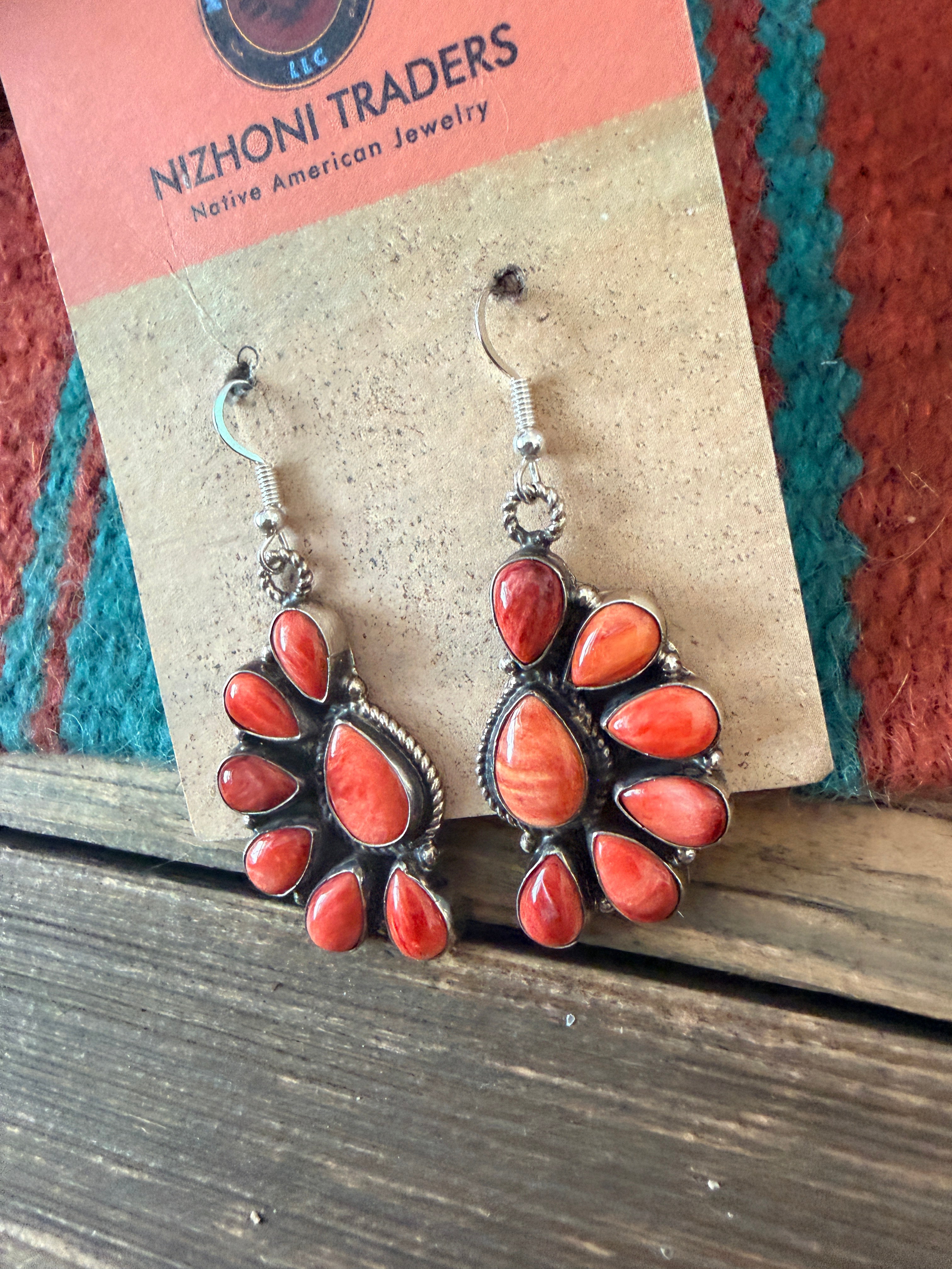 Handcrafted Orange Spiny & Sterling Silver Cluster Dangle Earrings