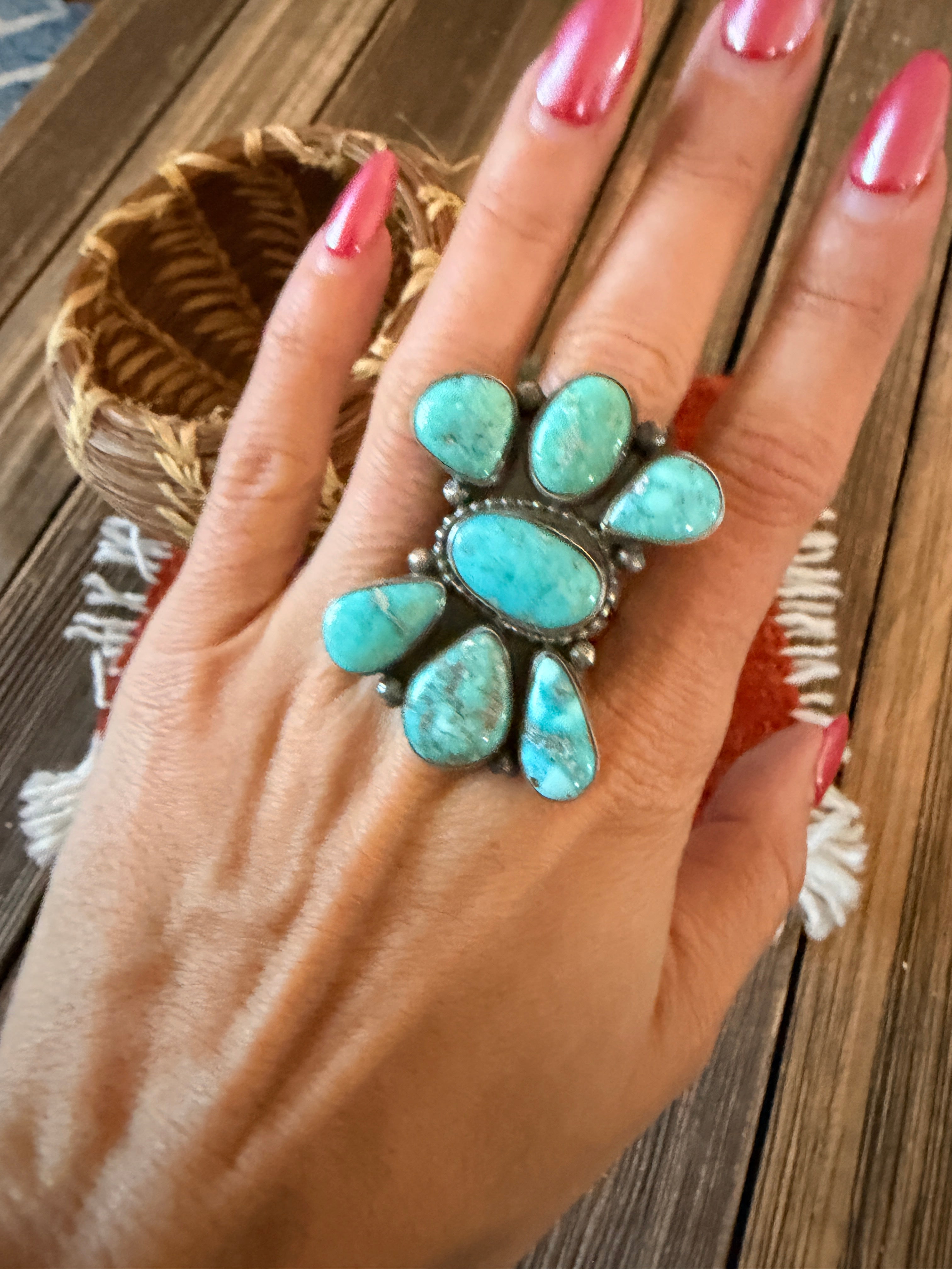 Handcrafted Turquoise & Sterling Silver Cluster Ring Size 10 by Sheila Becenti