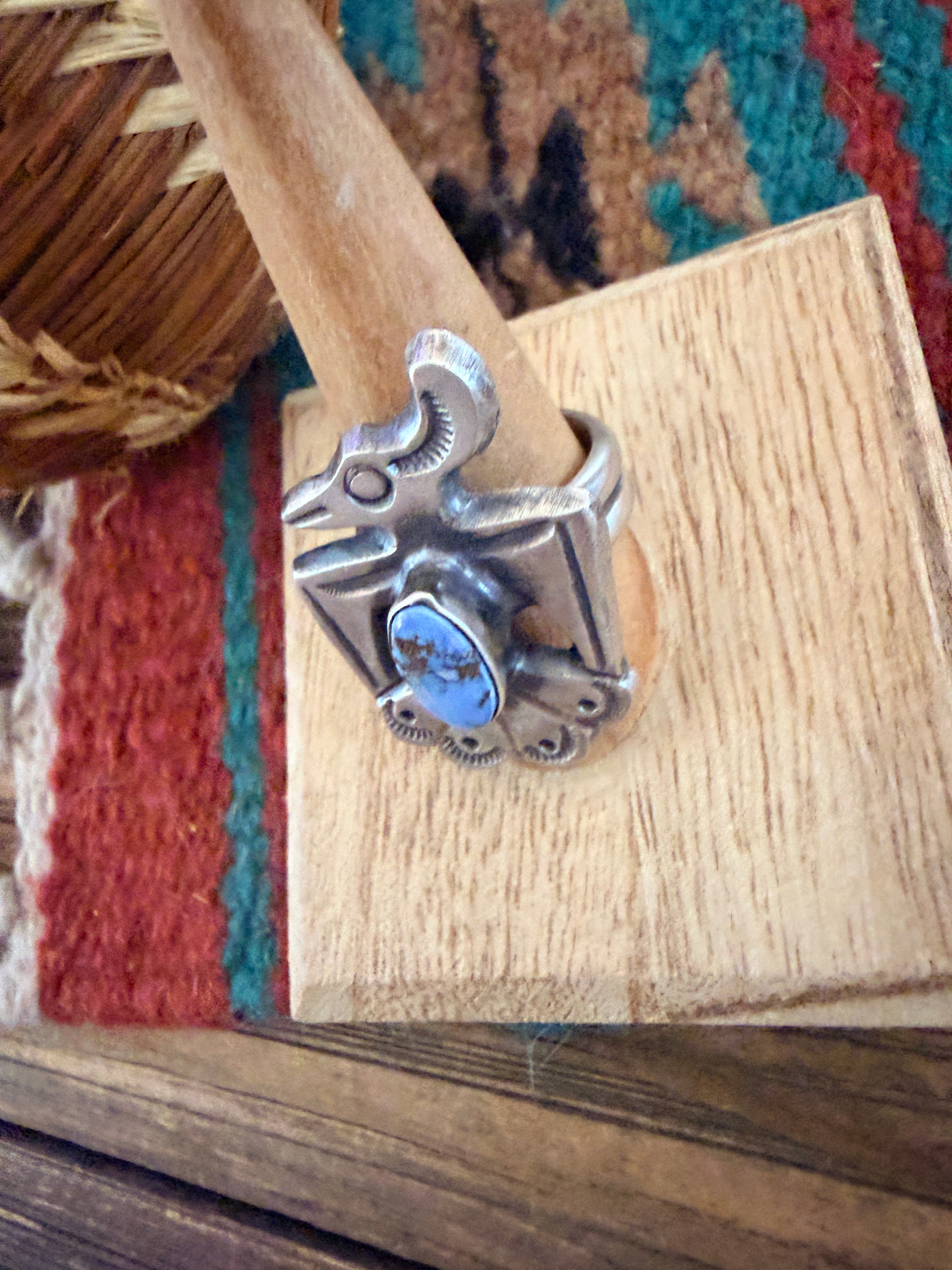 Handcrafted Golden Hills Turquoise and Sterling Silver Thunderbird Ring size 8.5 by Chimney Butte
