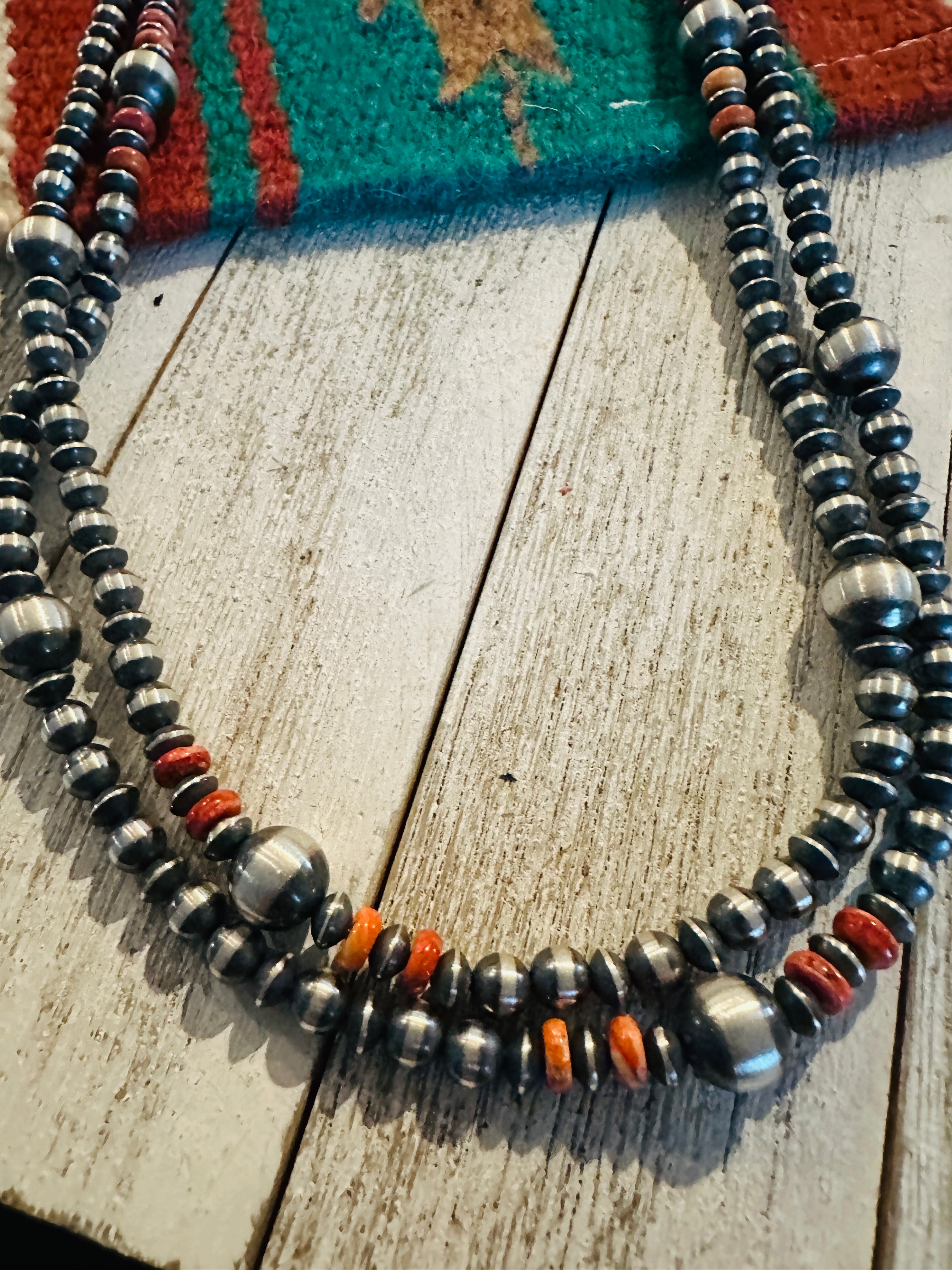 Handcrafted Orange Spiny & Sterling Silver Beaded Necklace 60”