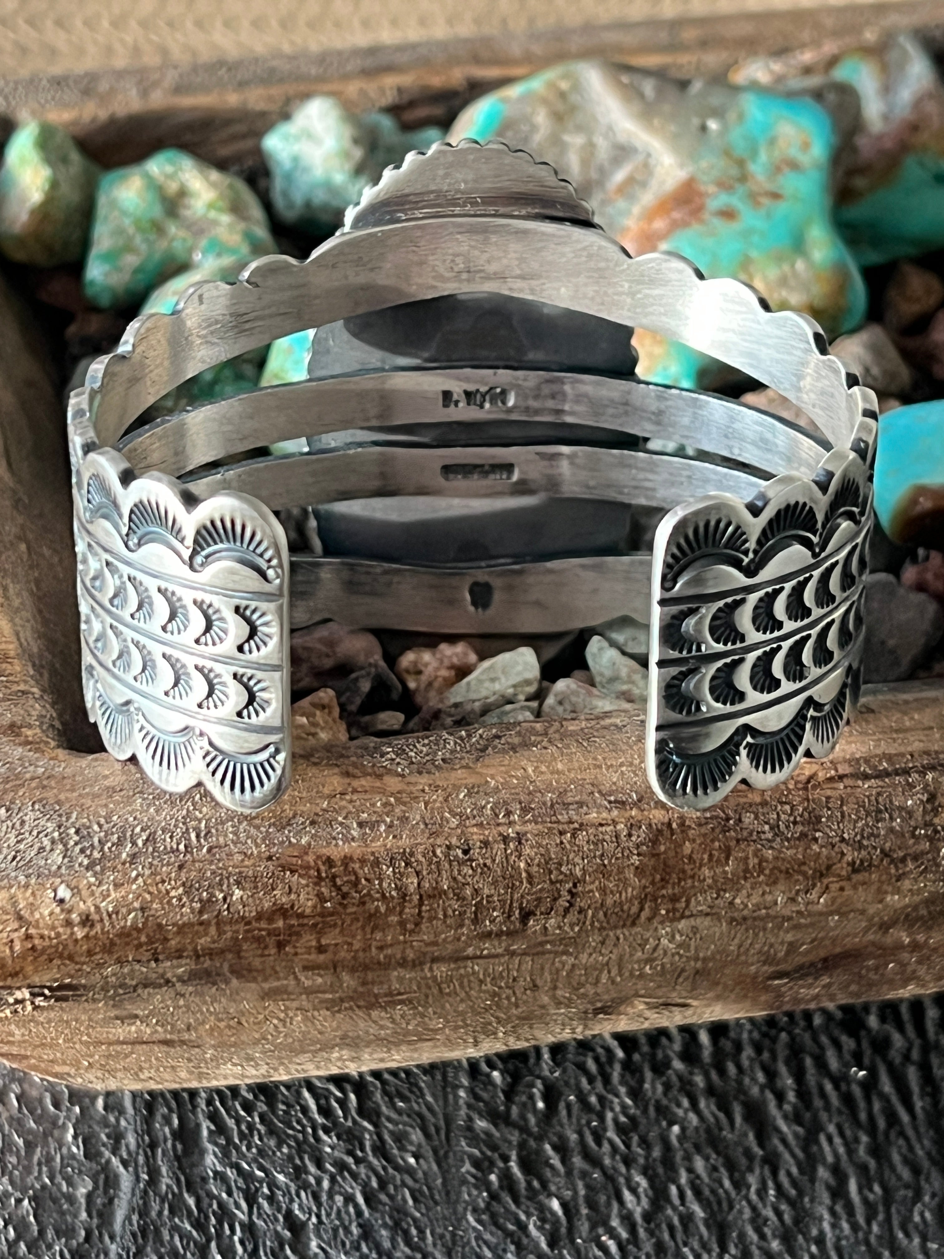 Handcrafted and Hand Stamped Sterling Silver and Royston Turquoise Cuff Bracelet by Diane Wylie