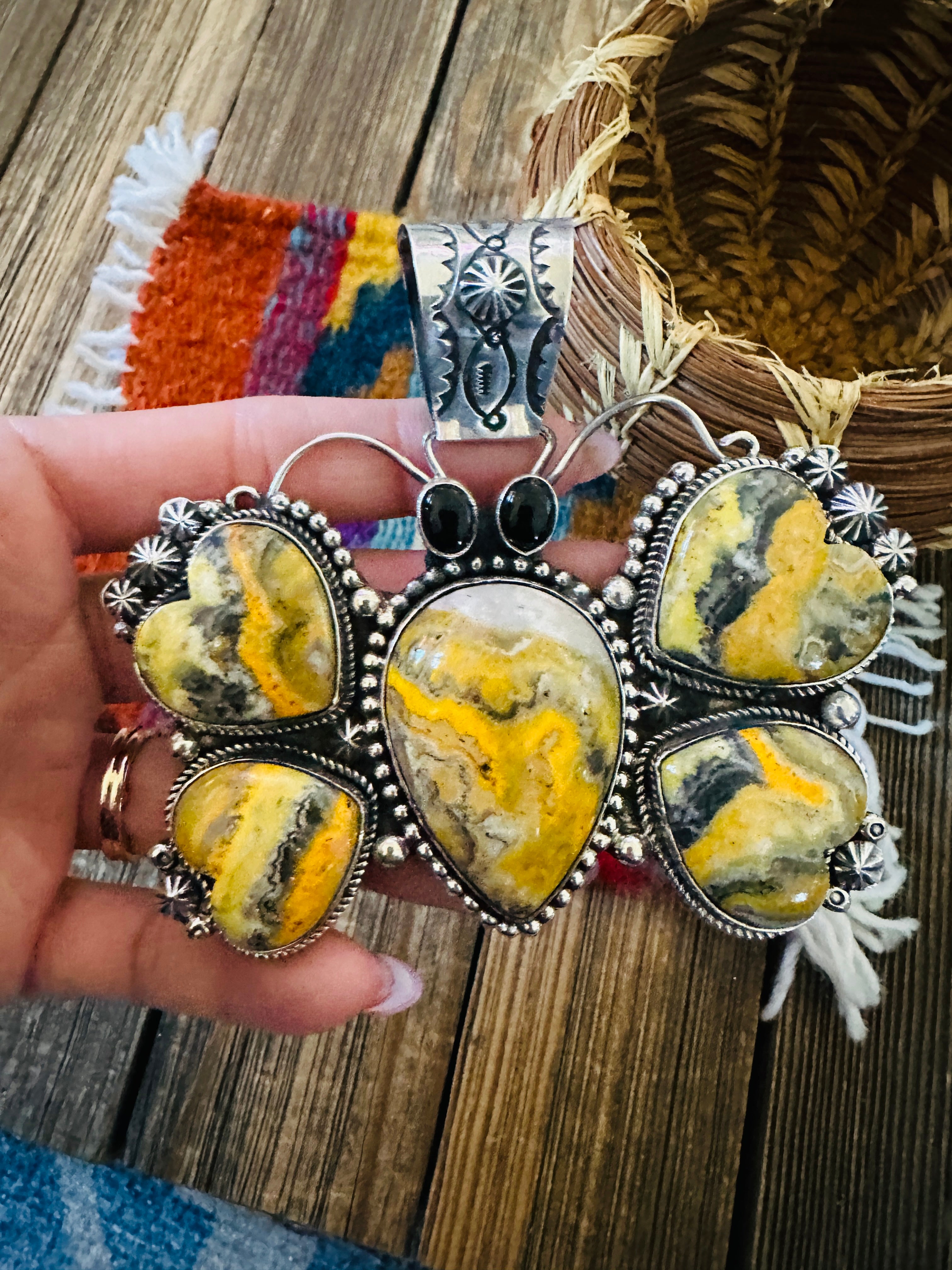 Handcrafted Sterling Silver, Bumblebee & Onyx Butterfly Pendant by Rosella Paxson