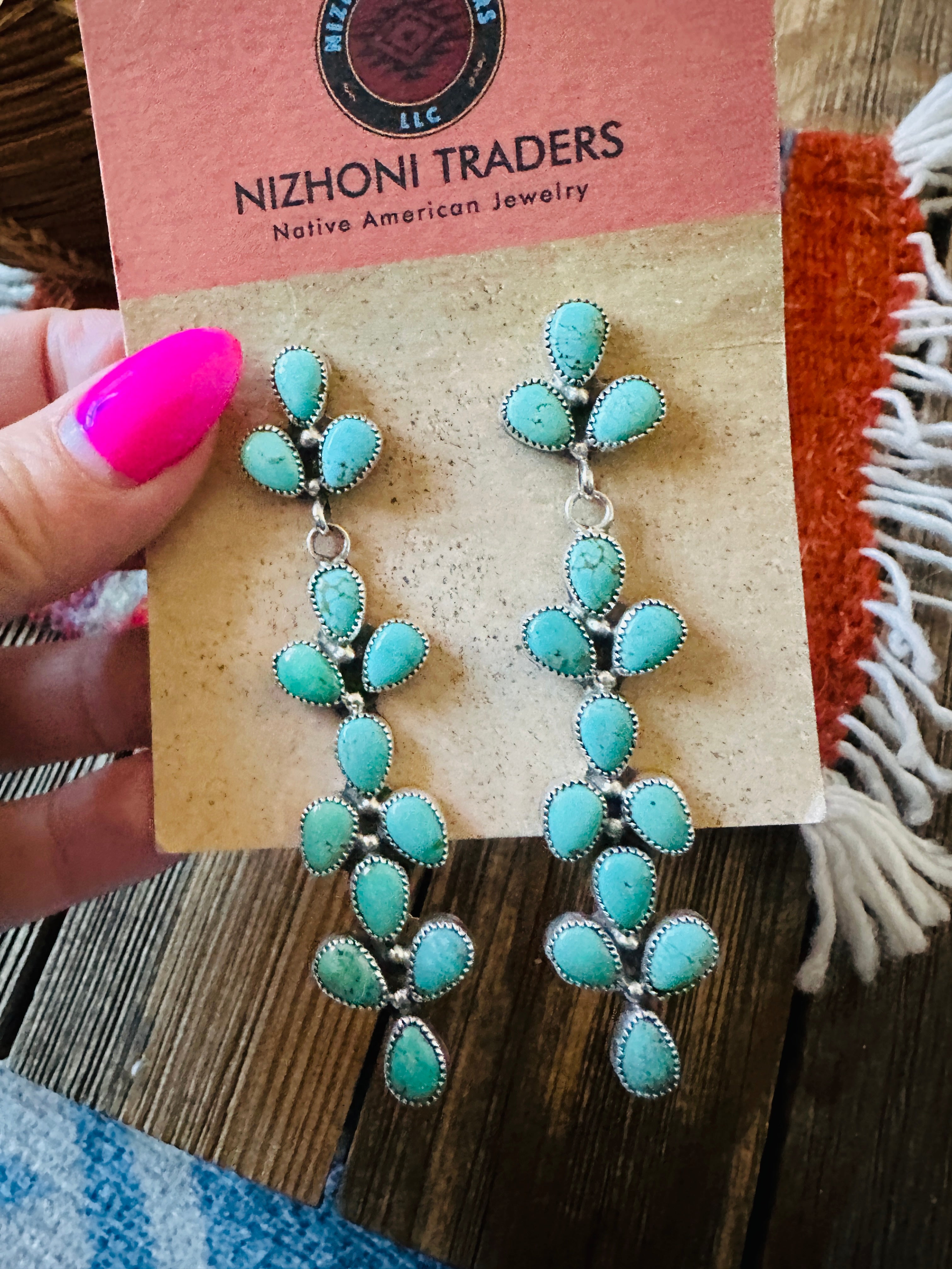 Handcrafted Turquoise & Sterling Silver Cluster Dangle Earrings