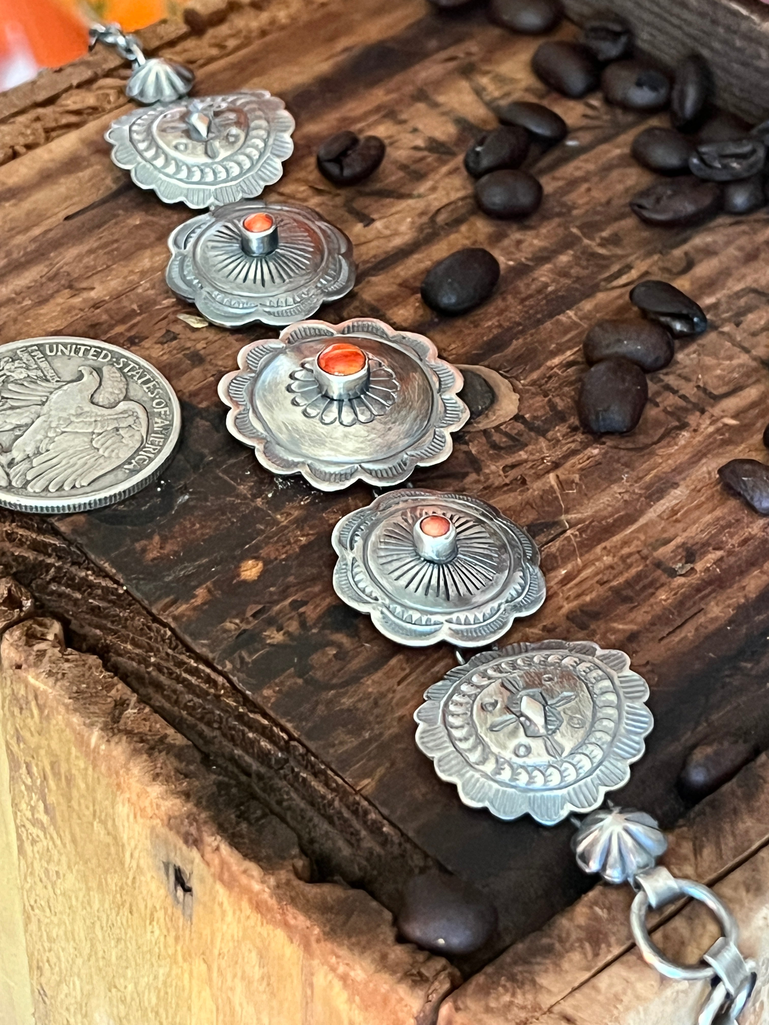 Raymond Coriz Sterling Concho Link Bracelet with Spiny Oyster Shell