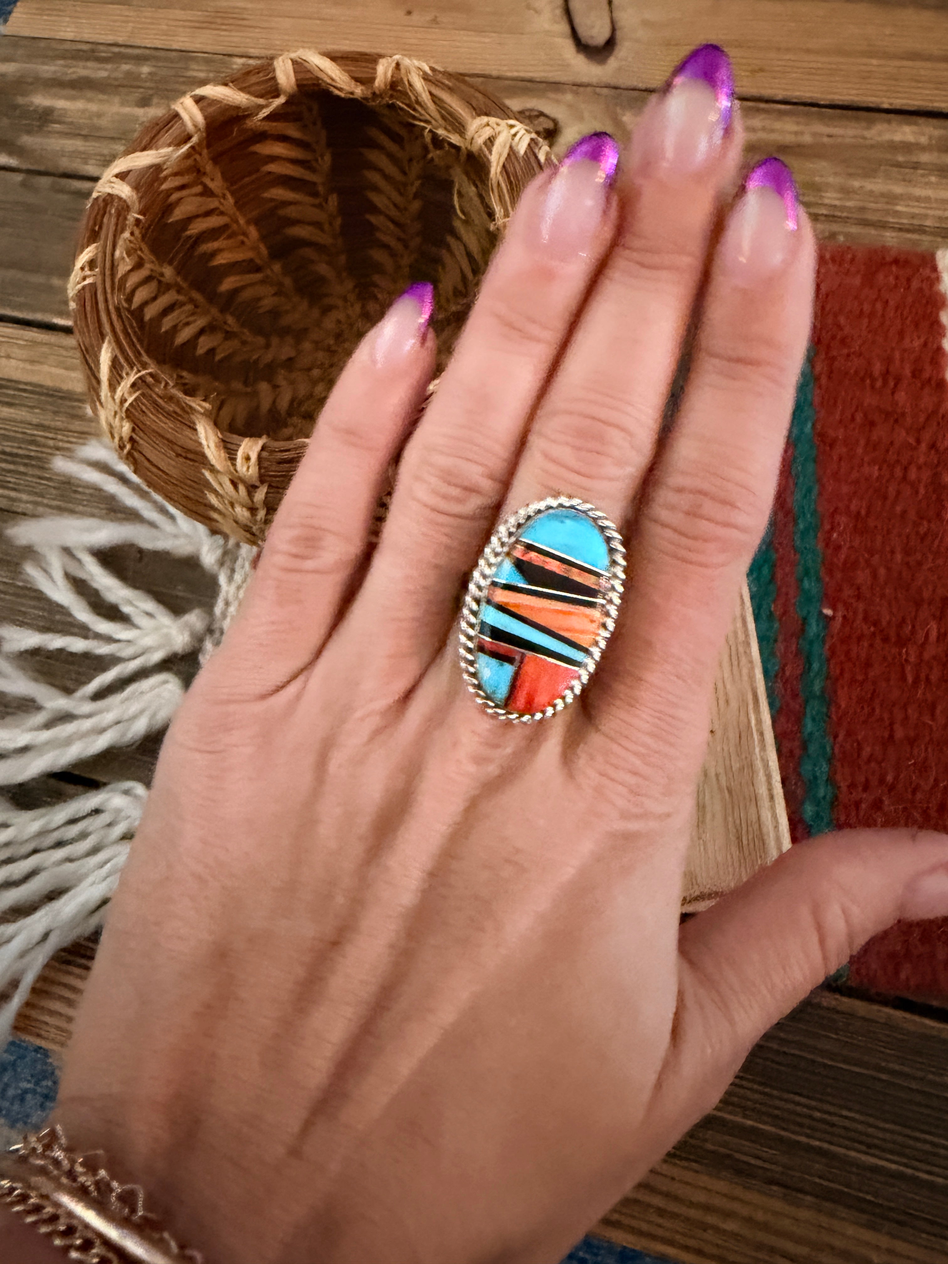 Handcrafted Multi Stone & Sterling Silver Inlay Ring Size 9
