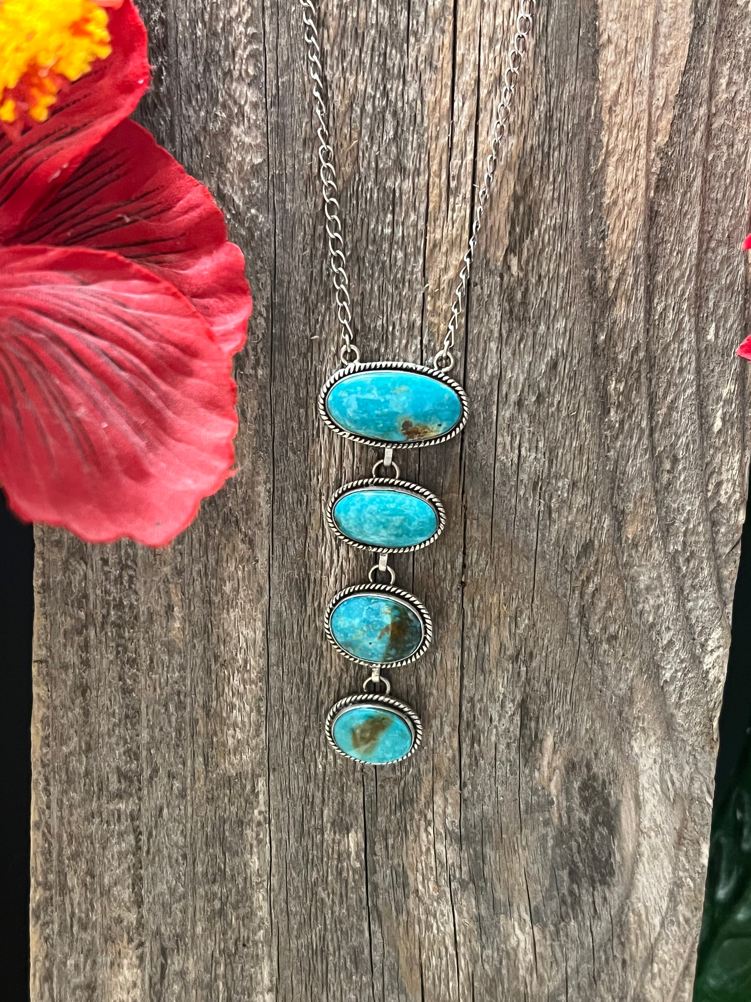 Handmade 4 Stone Turquoise & Sterling Silver Drop Necklace (01)