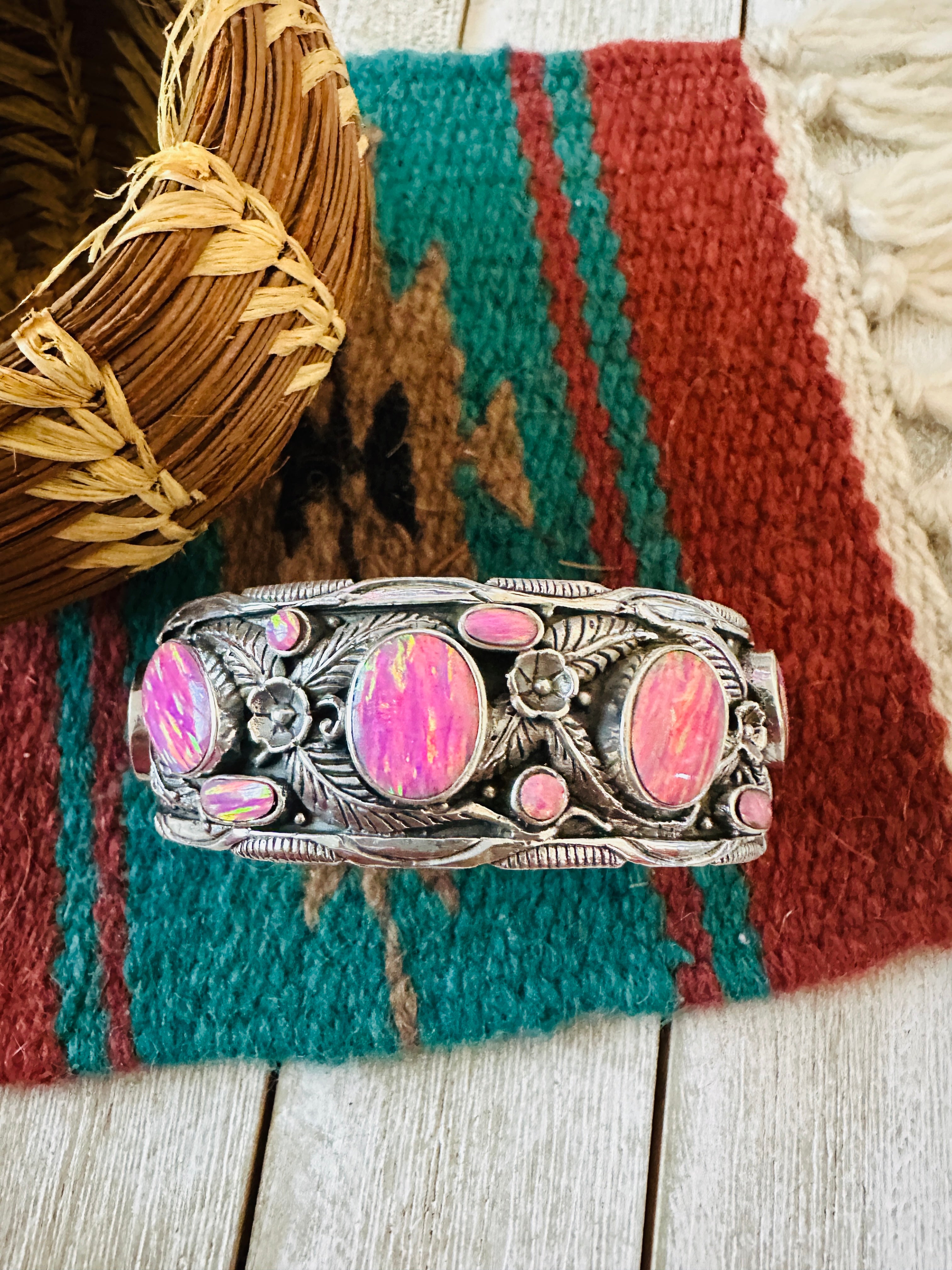 Handmade Sterling Silver Synthetic Opal Cuff Bracelet with Signed Nizhoni