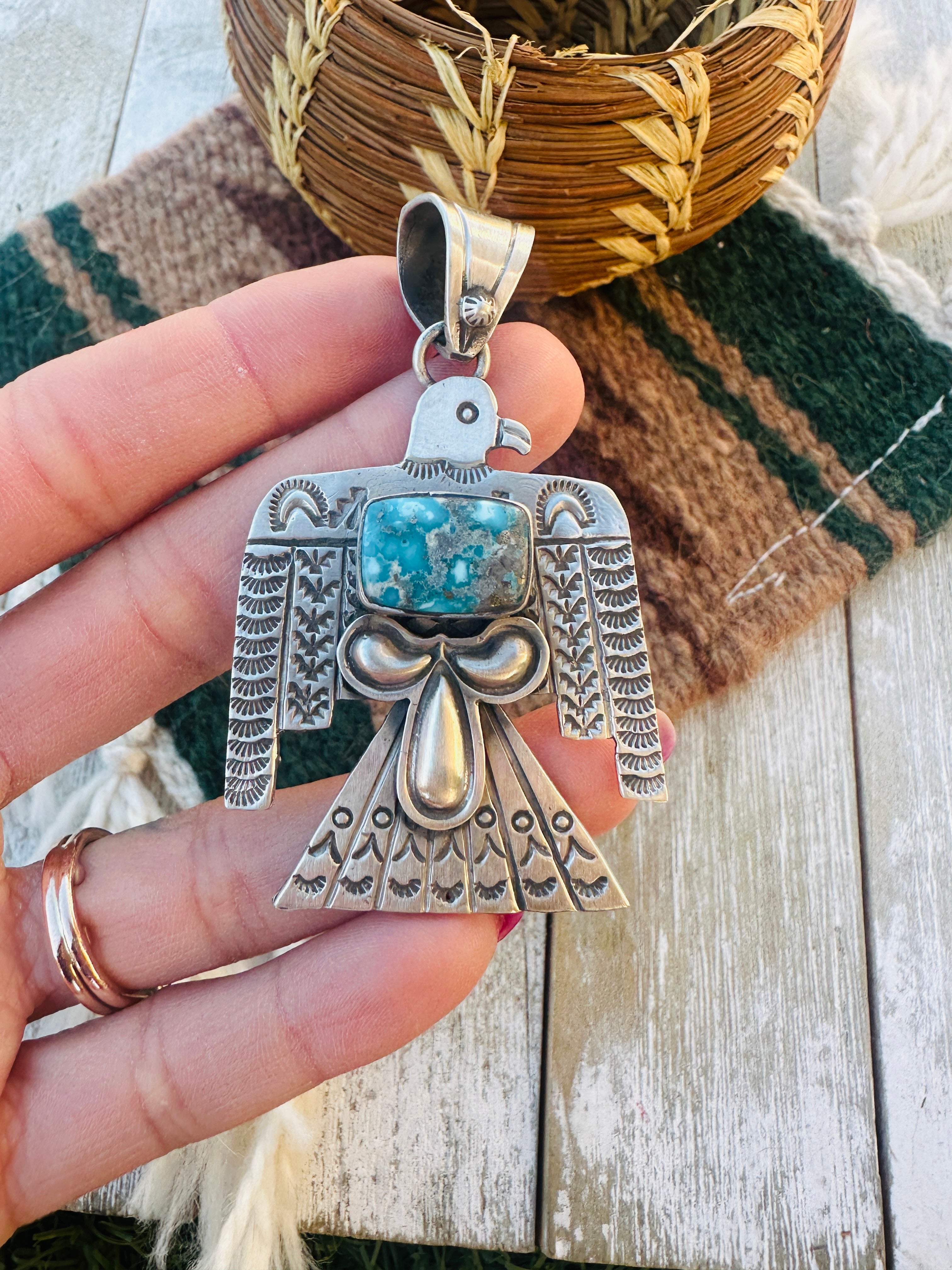 Handcrafted Sterling Silver & Turquoise Thunderbird Pendant by Leroy James