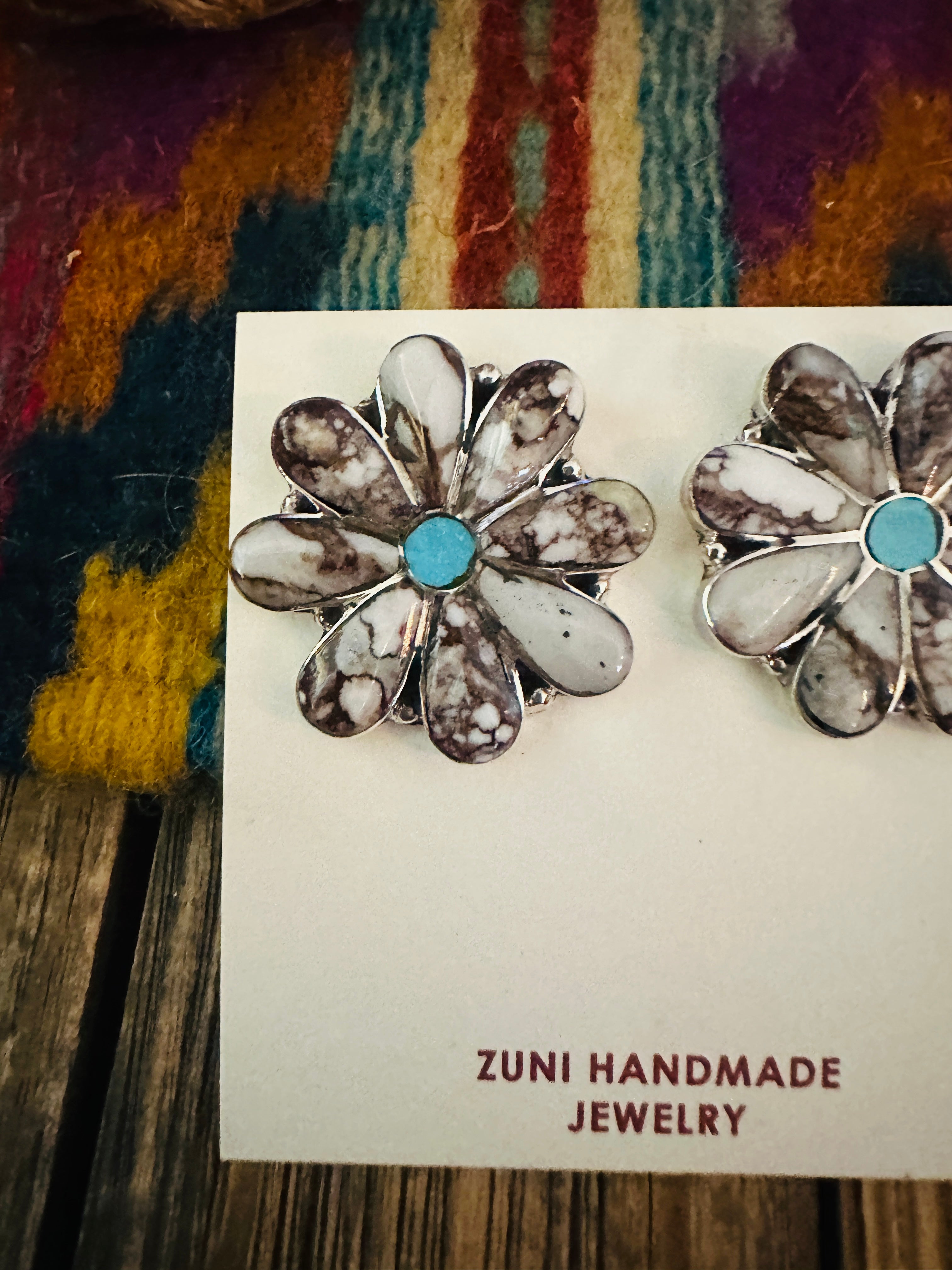 Handcrafted Wild Horse, Turquoise & Sterling Silver Flower Post Earrings