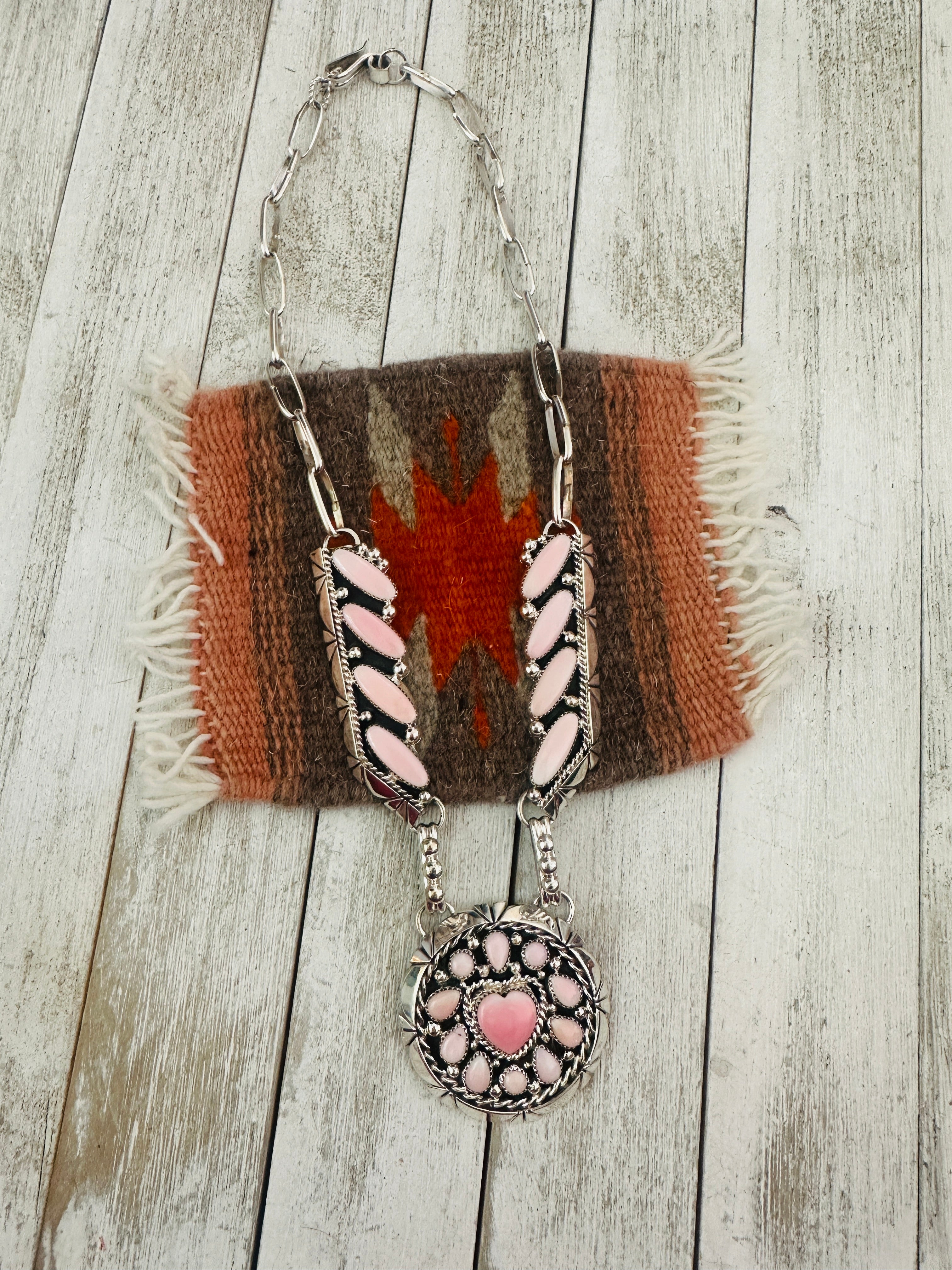 Handcrafted Queen Pink Conch & Sterling Silver Pearl Heart Necklace