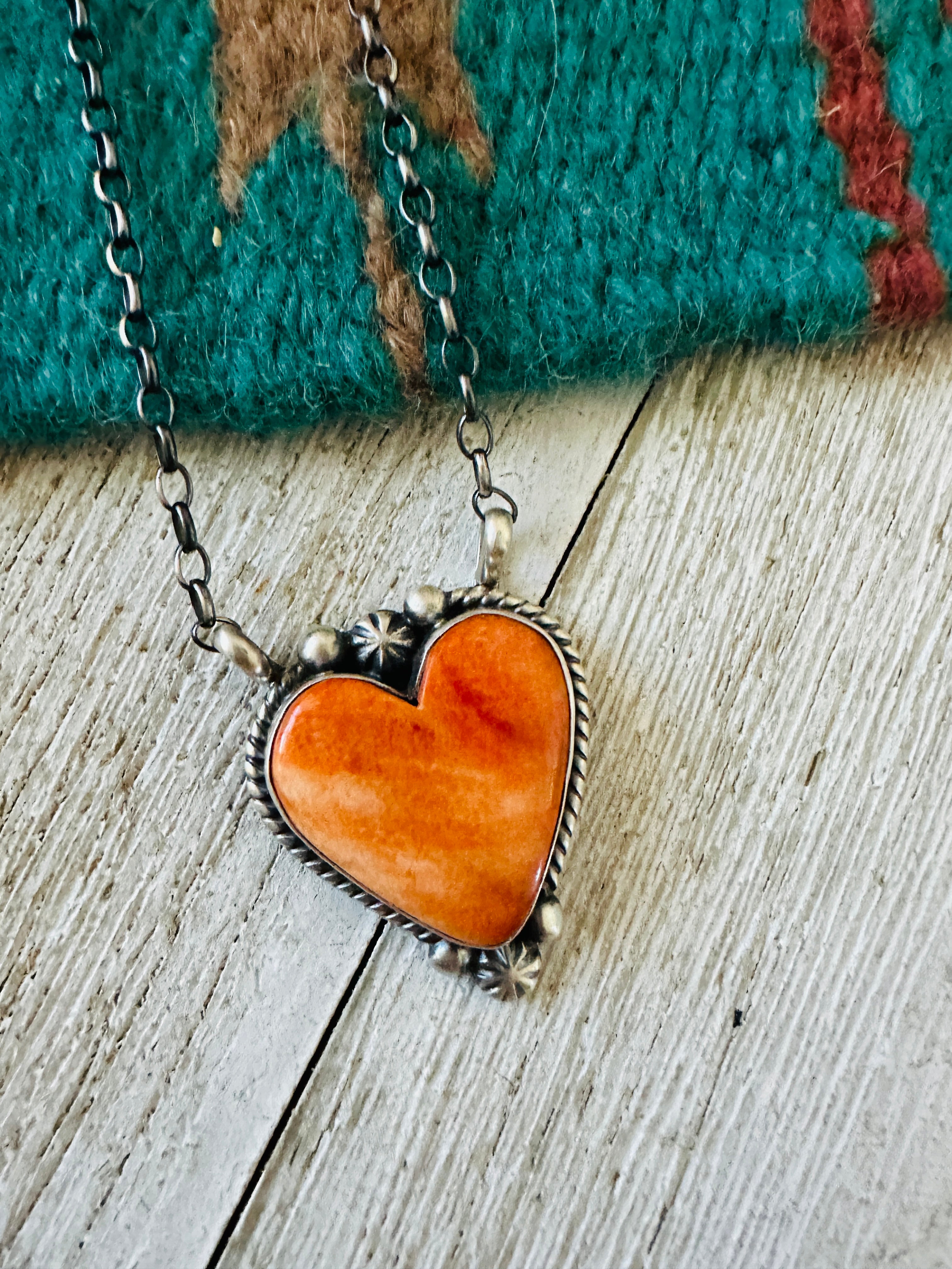 Handcrafted Sterling Silver & Orange Spiny Heart Necklace